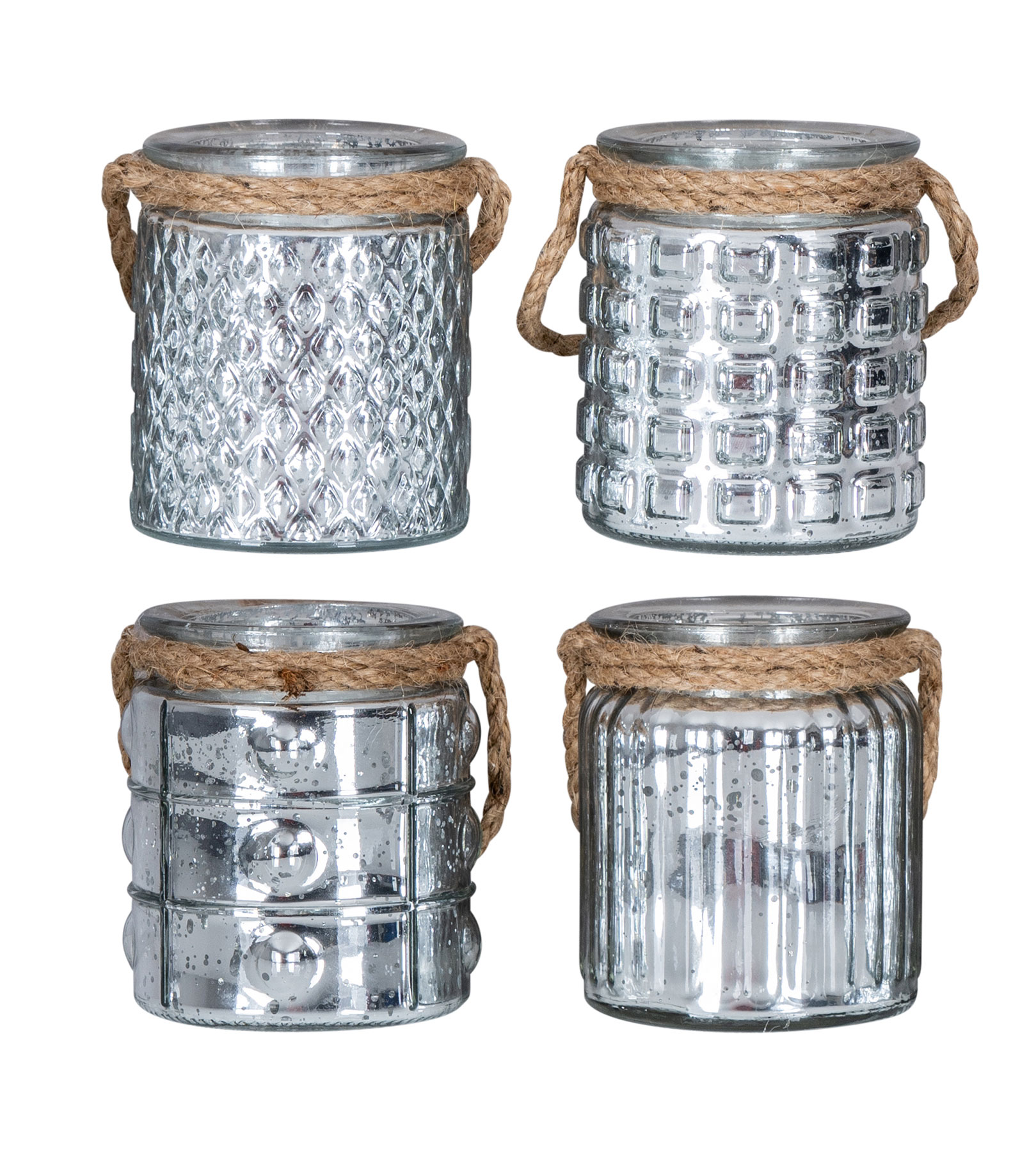 4er Set Windlicht H10cm Glas Silber Teelichthalter Tischdeko Kerzen Retro | Teelichthalter