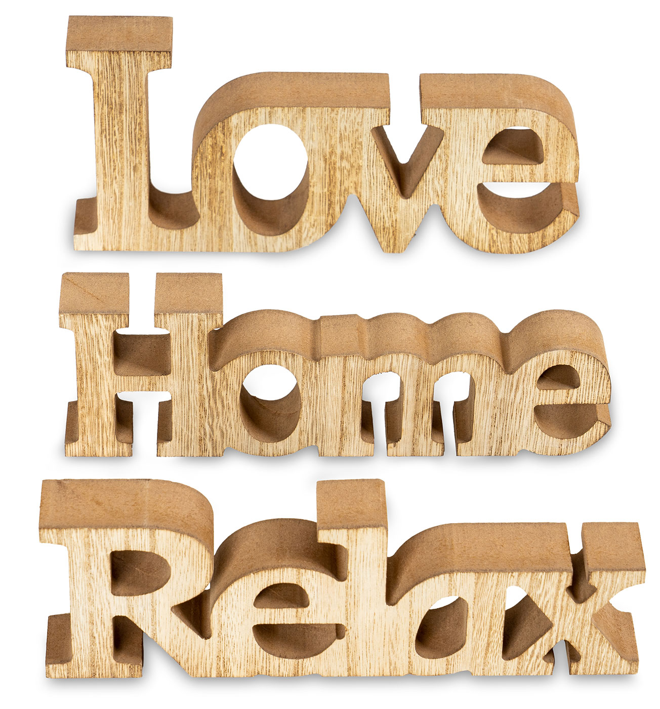 3er Set Schriftzug Love Home Relax Silber Mango Holz Metall Aufsteller Deko