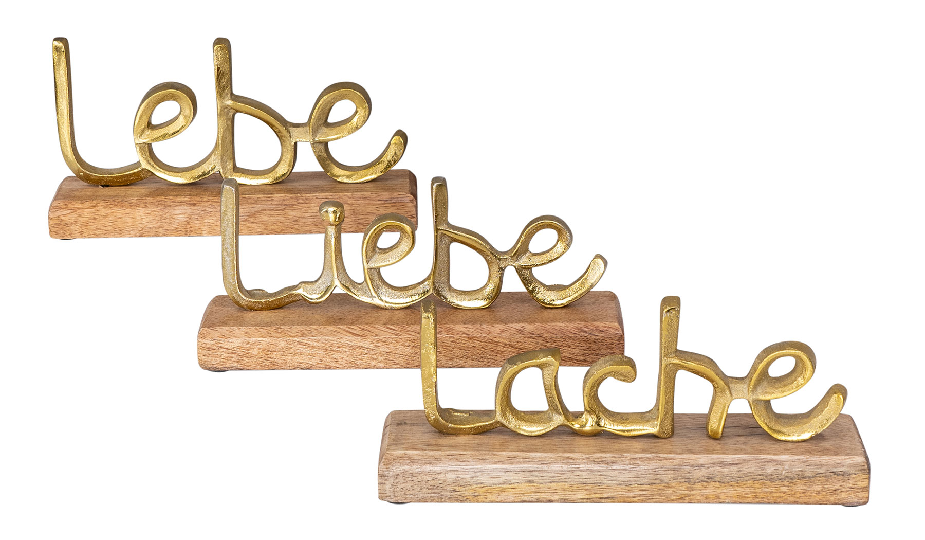 3er Gold Lebe Set Tisch-Deko Schriftzug Holz Liebe Mango L22cm Metall Lache