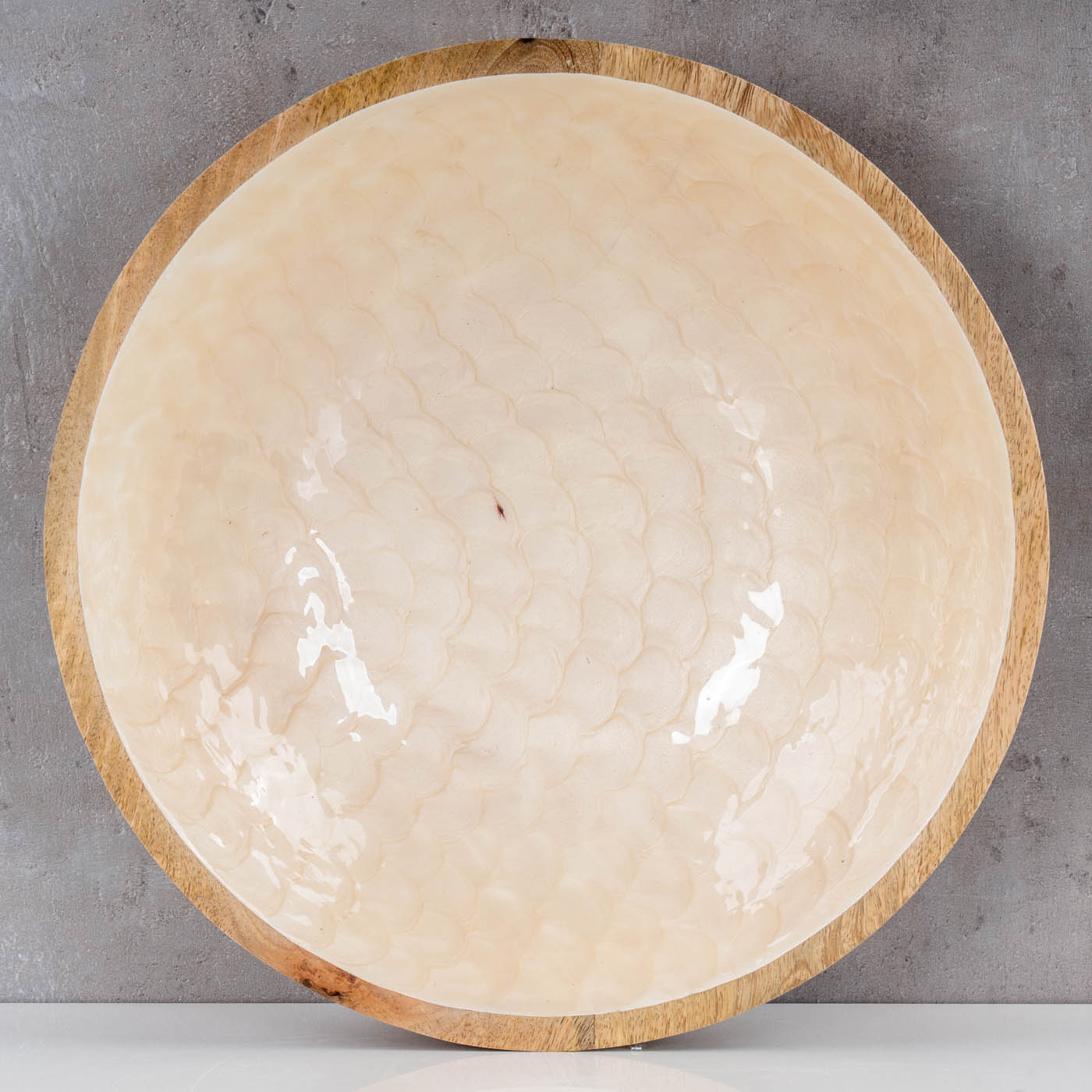 Schüssel 35cm Mango Holz Creme Perlmutt Emaille Schale Bowl Salatschüssel Deko