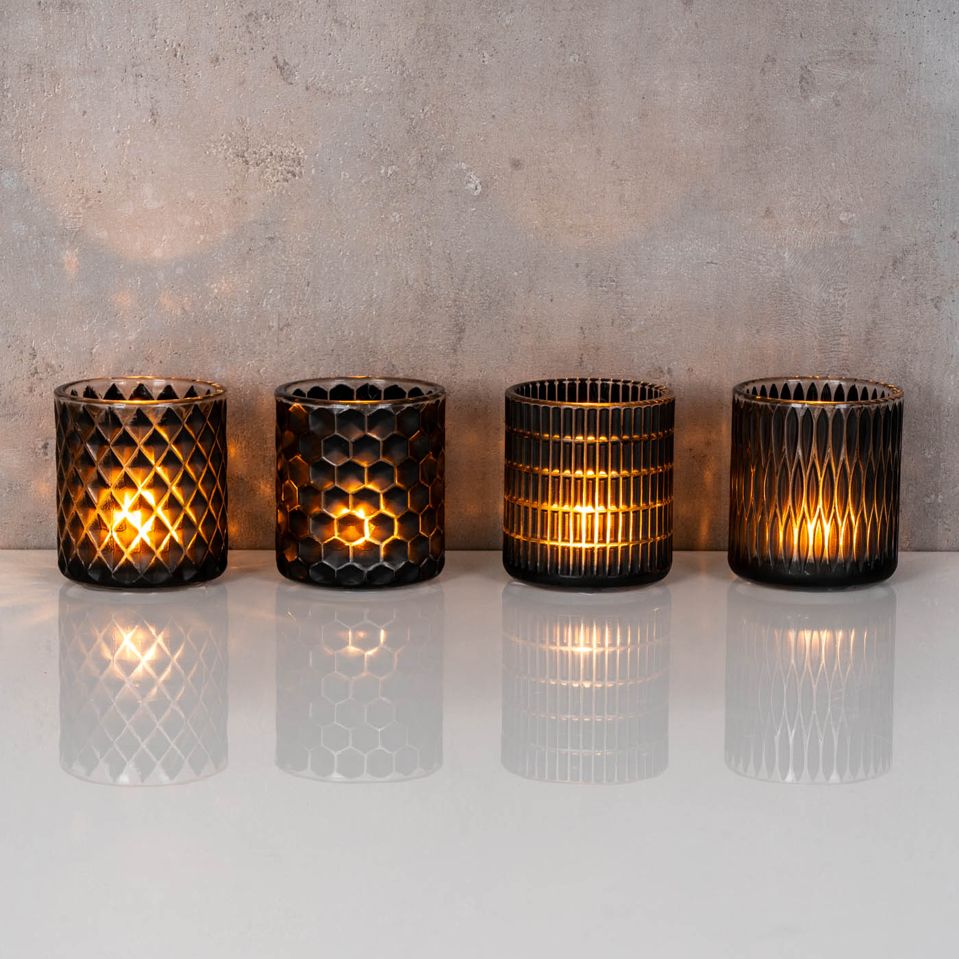 4er Set Teelichthalter Schwarz Glas Windlicht Tischdeko Kerzenhalter Kerzen Deko