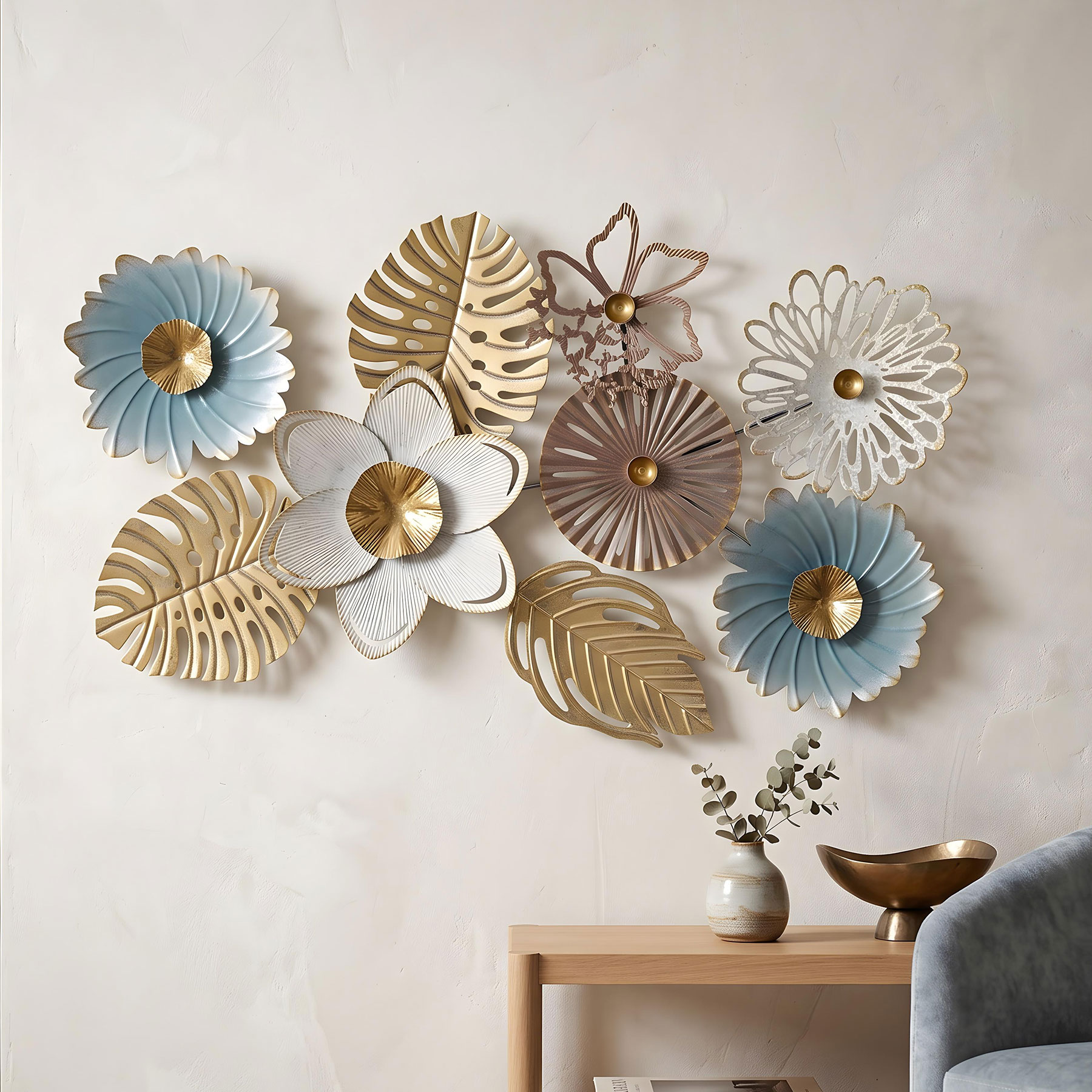 Wandbild Metall 3D 87x54cm Gold Weiß Türkis Monstera Schmetterling Wanddeko Deko