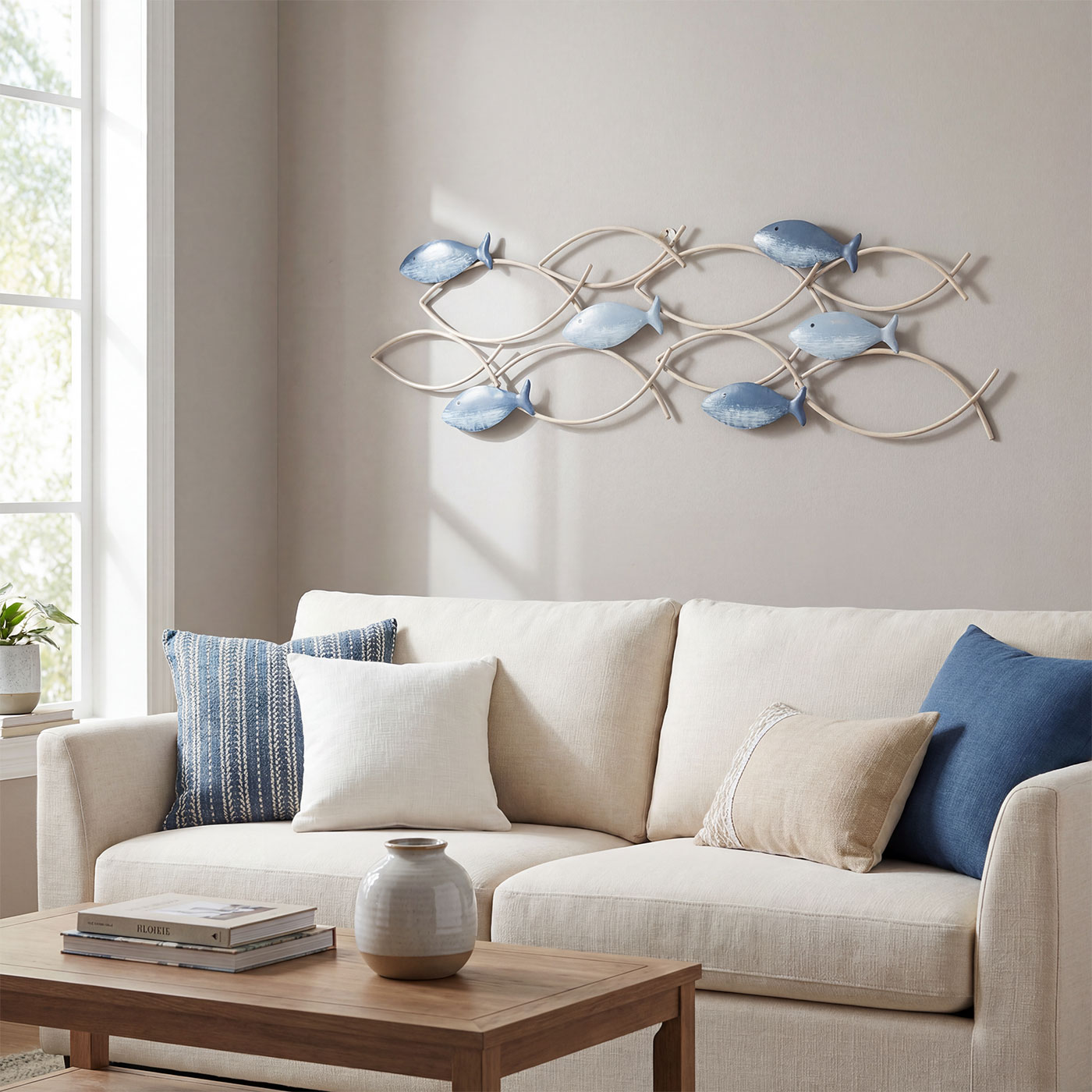 Wandbild Fische Metall L70cm Blau Taupe Maritim Wanddeko Metalldeko Wandskulptur