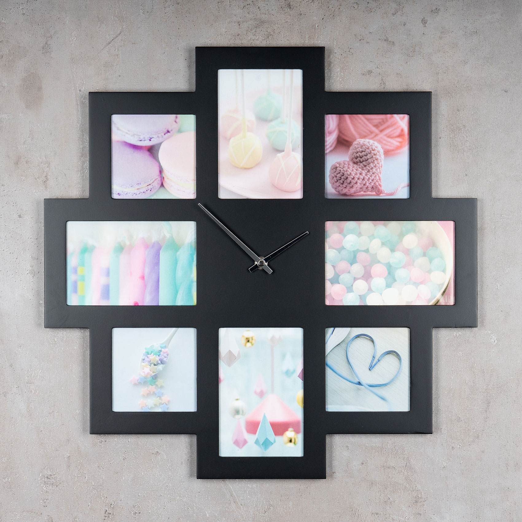 Wanduhr Schwarz 48x48cm Holz Bilderrahmen 8 Fotos Fotorahmen Collage Fotouhr