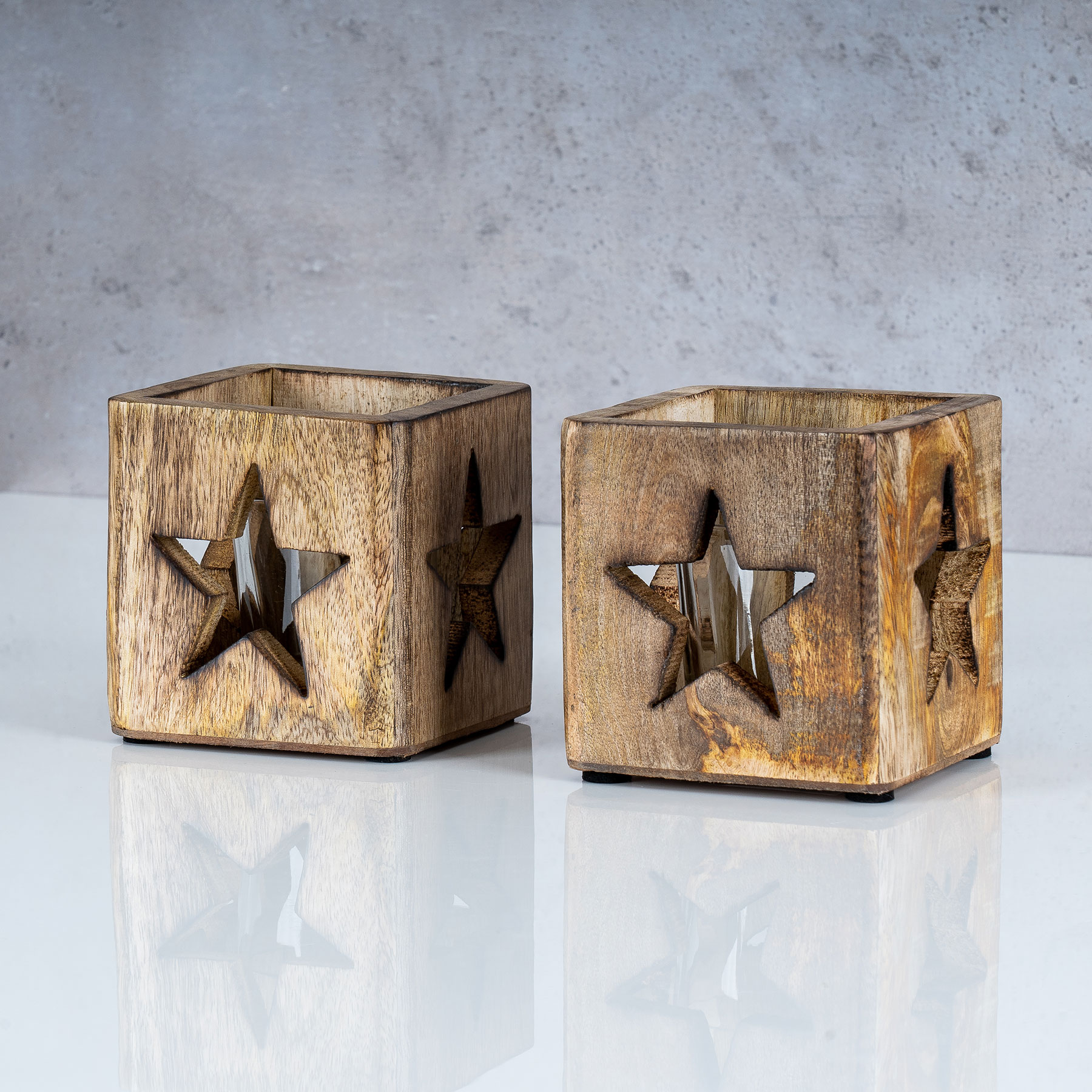 2er Set Windlicht Stern 9cm Mangoholz Teelicht Glaseinsatz Teelichthalter Kerze