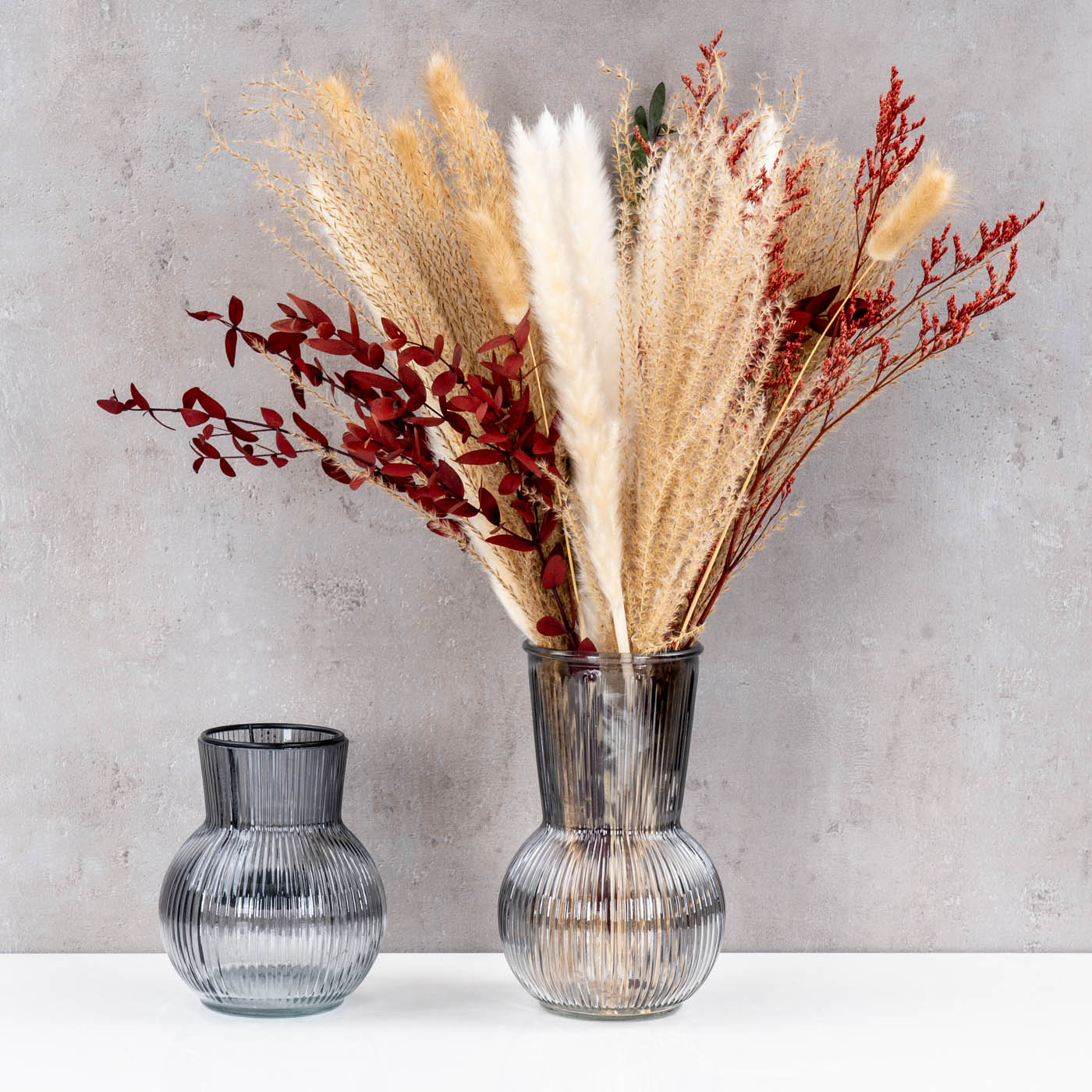 2er Set Tischdeko Vase Windlicht Grau Glas Rund Teelichthalter Retro Rillen Deko