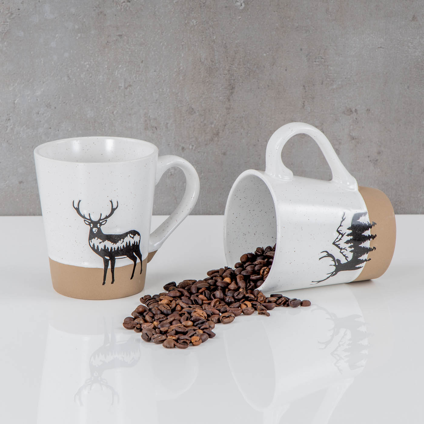 2er Set Steingut Tassen 360ml Hirsch Kaffeetasse Natur Becher Modern Alpen Design