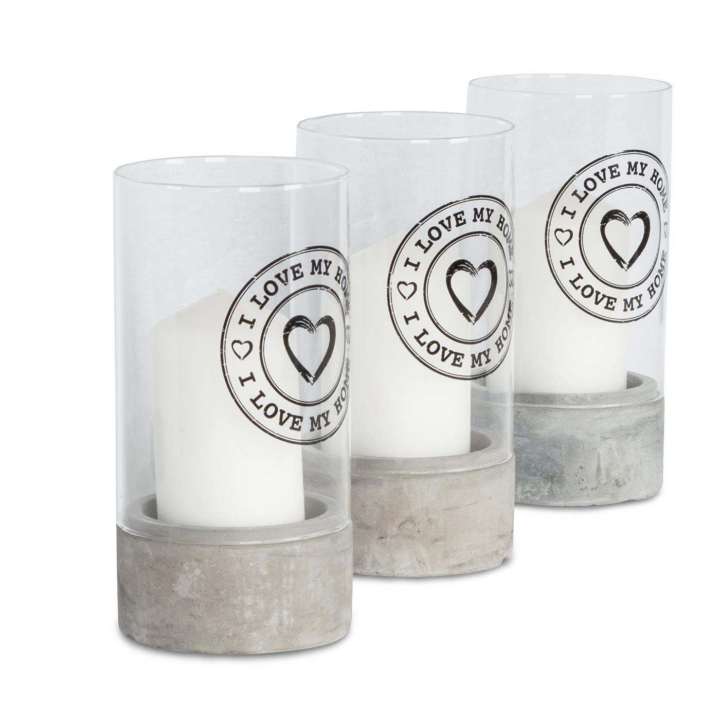 3er Set Deko-Glas 16x8cm Kerze Beton Zement I love my home Geschenk