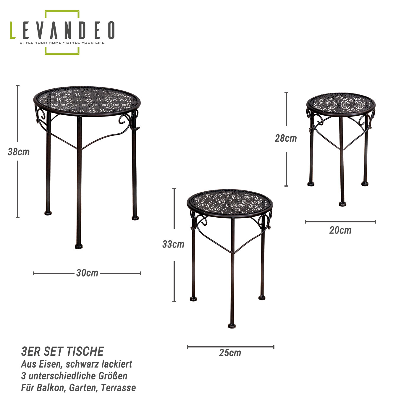 3er Set Blumenhocker Metall Schwarz Pflanzenständer Rund Tisch Garten Deko
