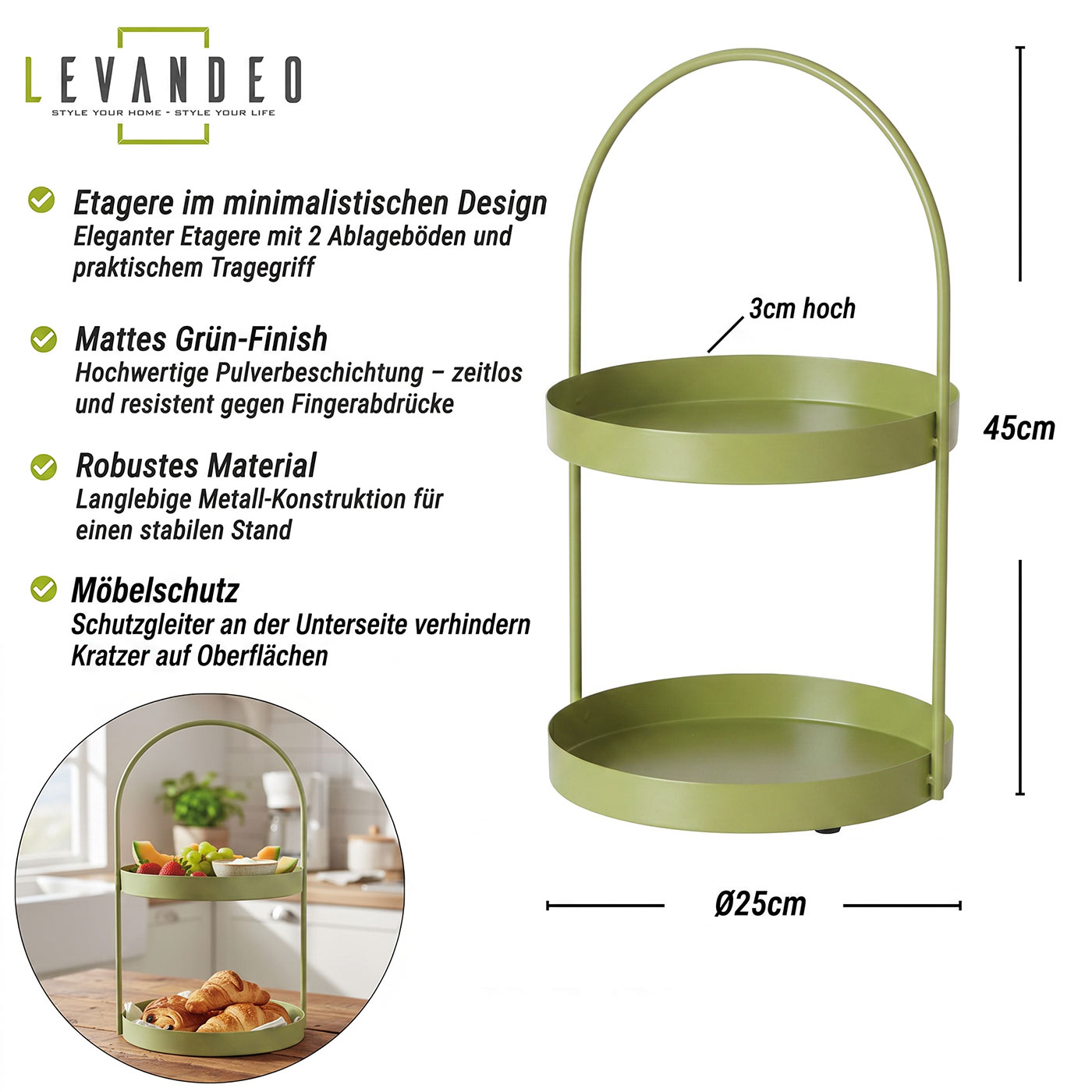 Metall Etagere Grün 2 Etagen H45cm Matt Servierplatte Servierständer Buffet Deko