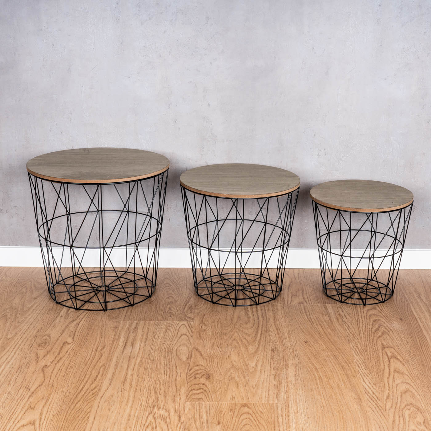 3er Set Beistelltisch Schwarz Braun Metall Metallkorb Drahtkorb Couchtisch Deckel