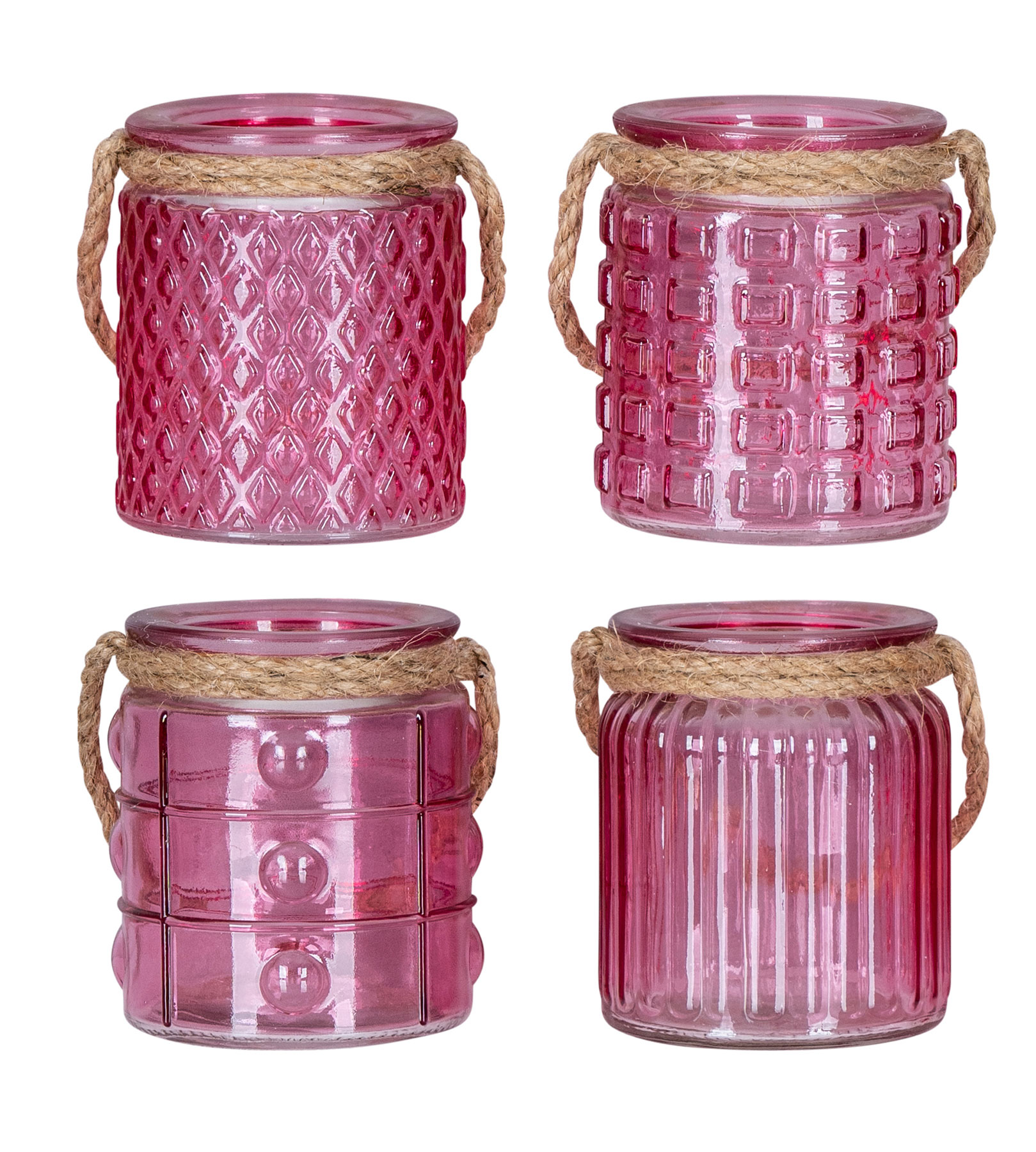 4er Set Windlicht H10cm Glas Pink Rosa Teelichthalter Tischdeko Kerzen Retro