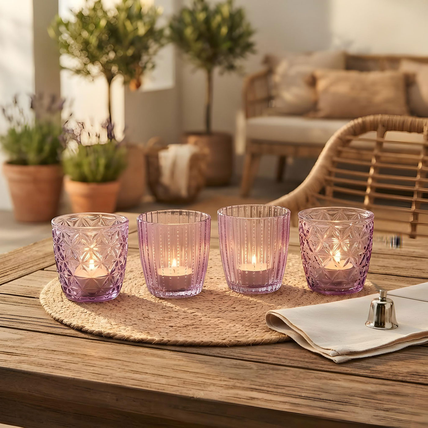 4er Set Windlicht Lila Glas Teelichthalter Violett Tischdeko Kerzen Retro Deko