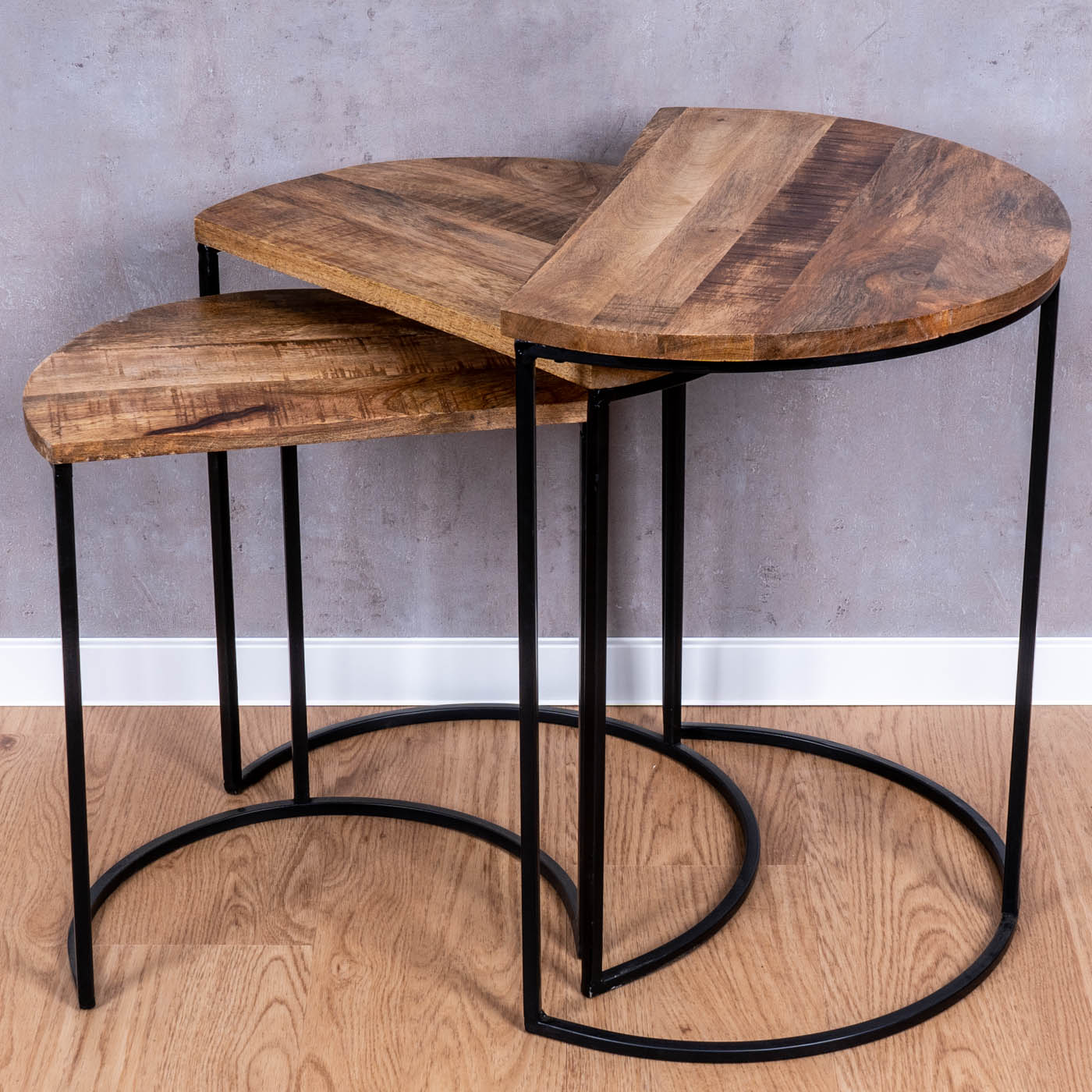 3er Set halbrunde Couchtische Mango Natur Eisen Schwarz Design Holz Beistelltisch