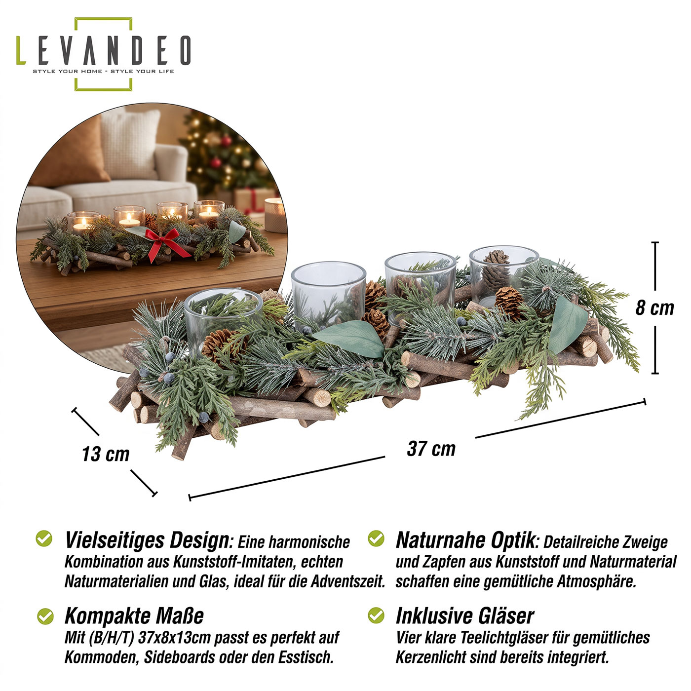 Adventsgesteck Tischdeko Weihnachten Gesteck Teelichthalter Natur Adventsdeko