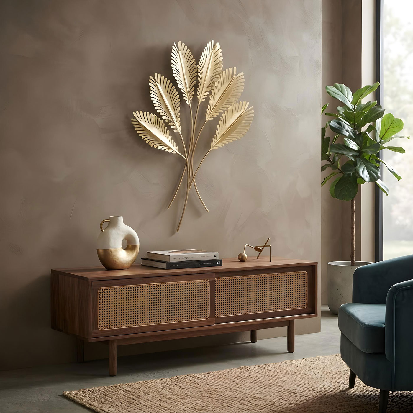 Wandbild Metall Gold Blätter H72cm 3D Metallbild Wanddeko Floral Deko Wohnzimmer