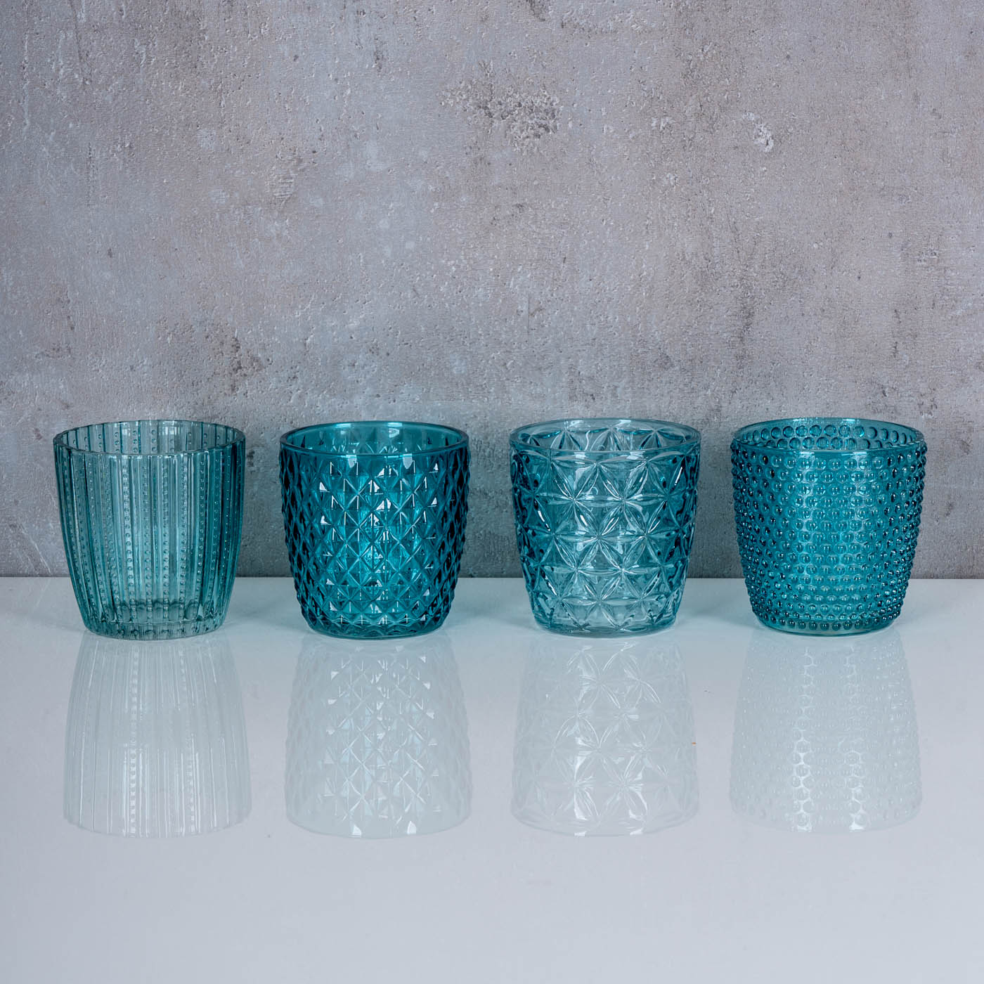 4er Set Windlicht H7,5cm Glas Türkis Teelichthalter Tischdeko Kerzen Retro Deko
