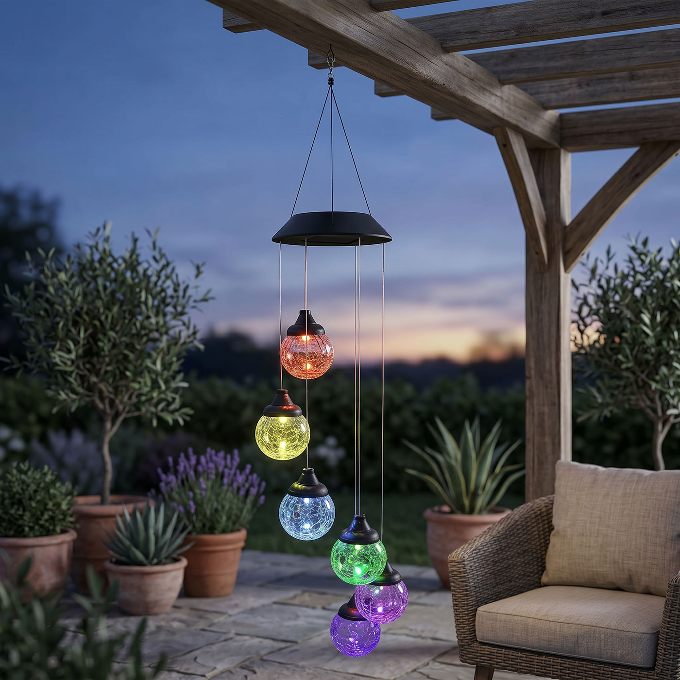 Solar Windspiel Garten 6 LED Kugel Farbwechsel Glaskugel Outdoor Beleuchtung