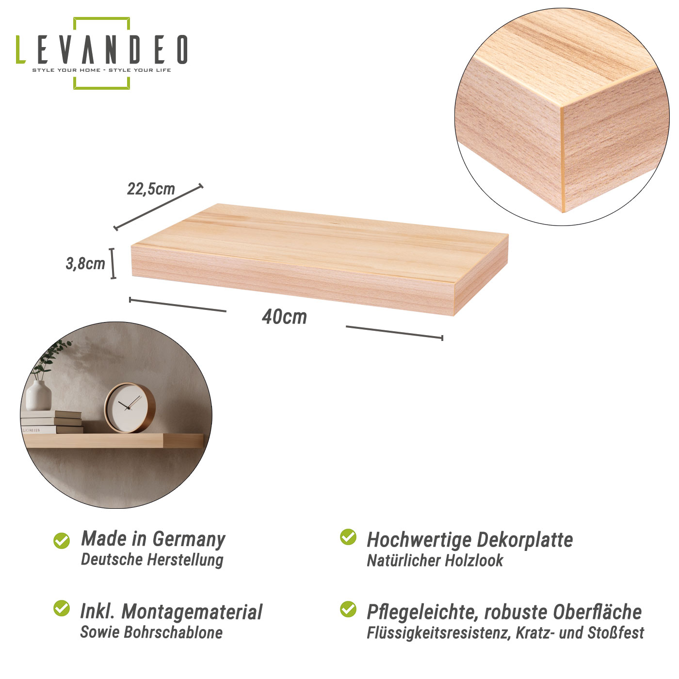Wandboard Bobby 40cm Kernbuche - Wandregal Regal Board Bord Wandbord