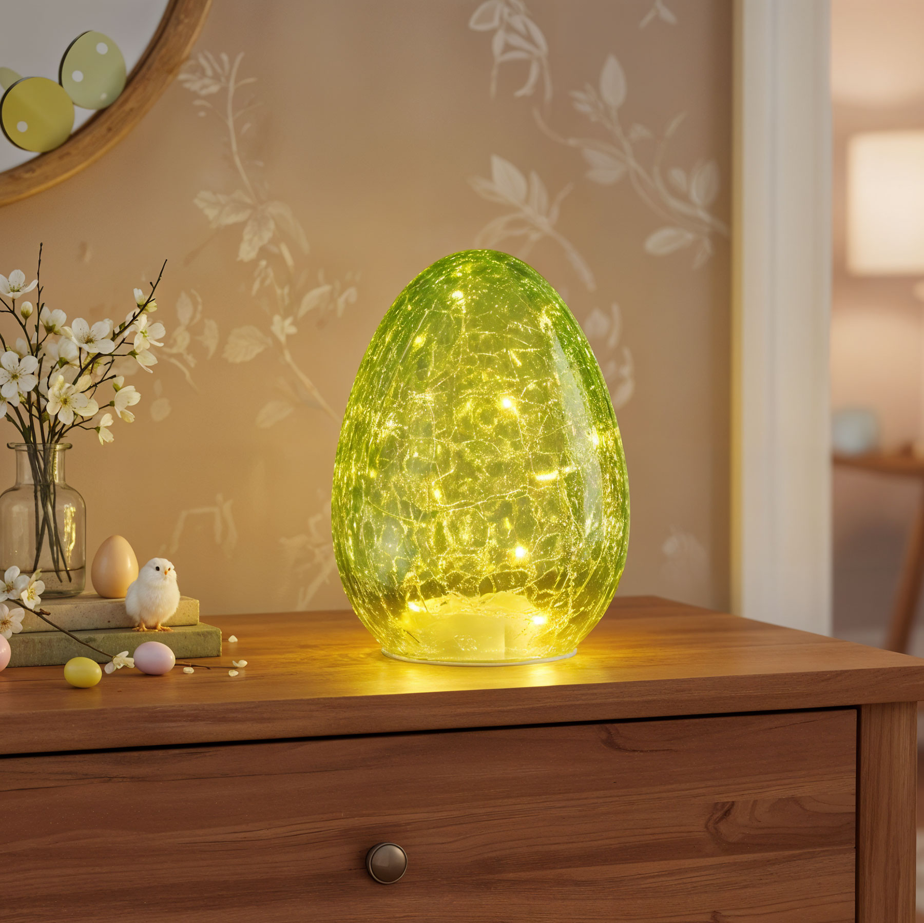 LED Osterei H16cm Grün Glas Dekolampe Timer Osterdeko Tischlampe Stimmungslicht