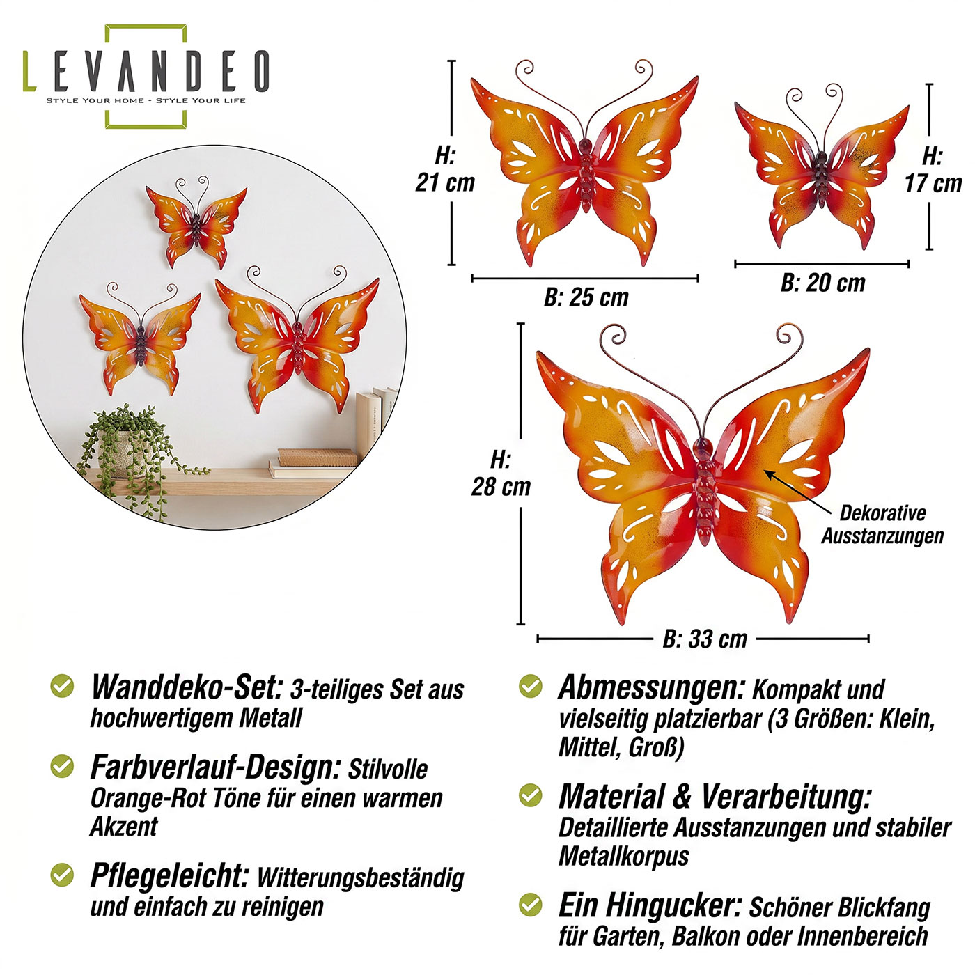 3er Set Schmetterling Metall Wanddeko Rot Orange B20-33cm Gartendeko Wandkunst