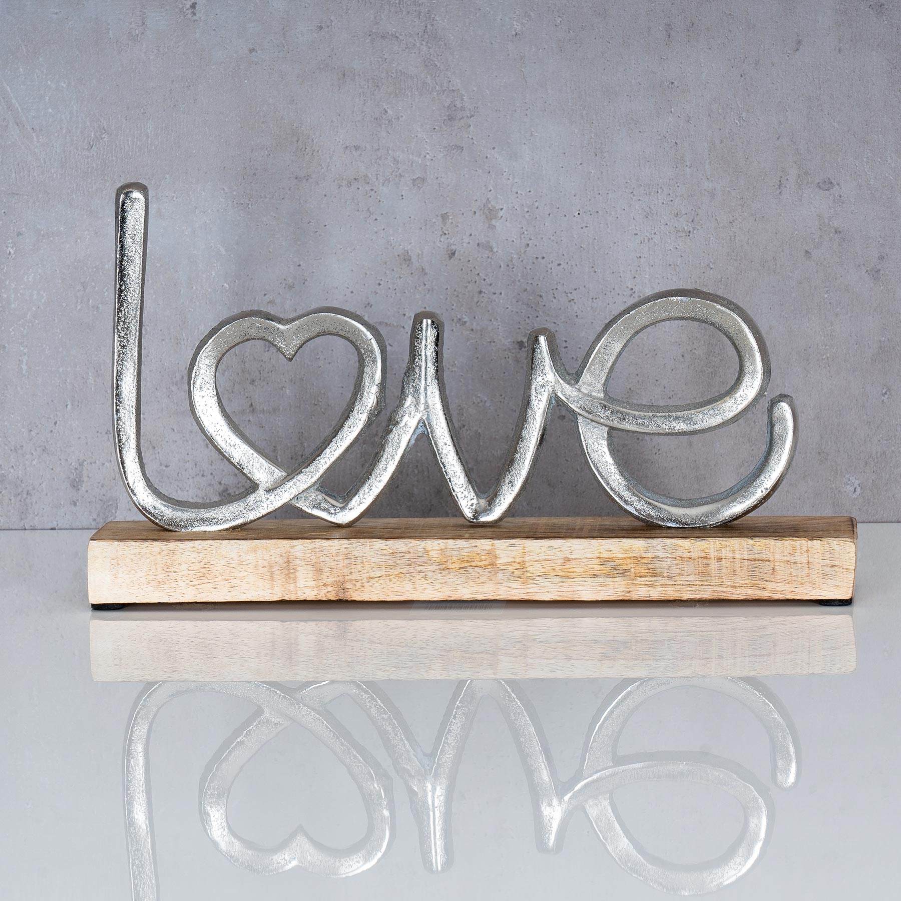 Aufsteller Mango Schriftzug Love H17cm Metall Holz Deko Mangoholz Tischdeko