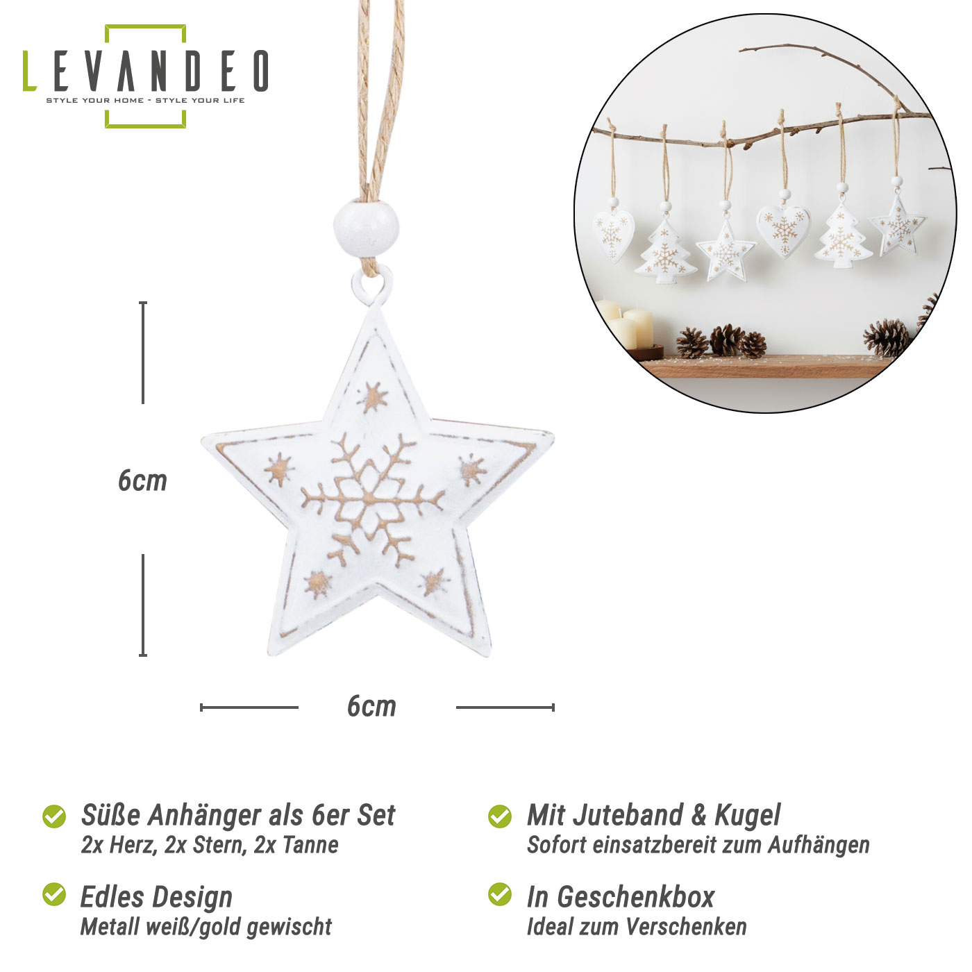 6 Weihnachtsanhänger Metall Weiß Gold Baumschmuck Weihnachtsbaum Stern Herz Deko