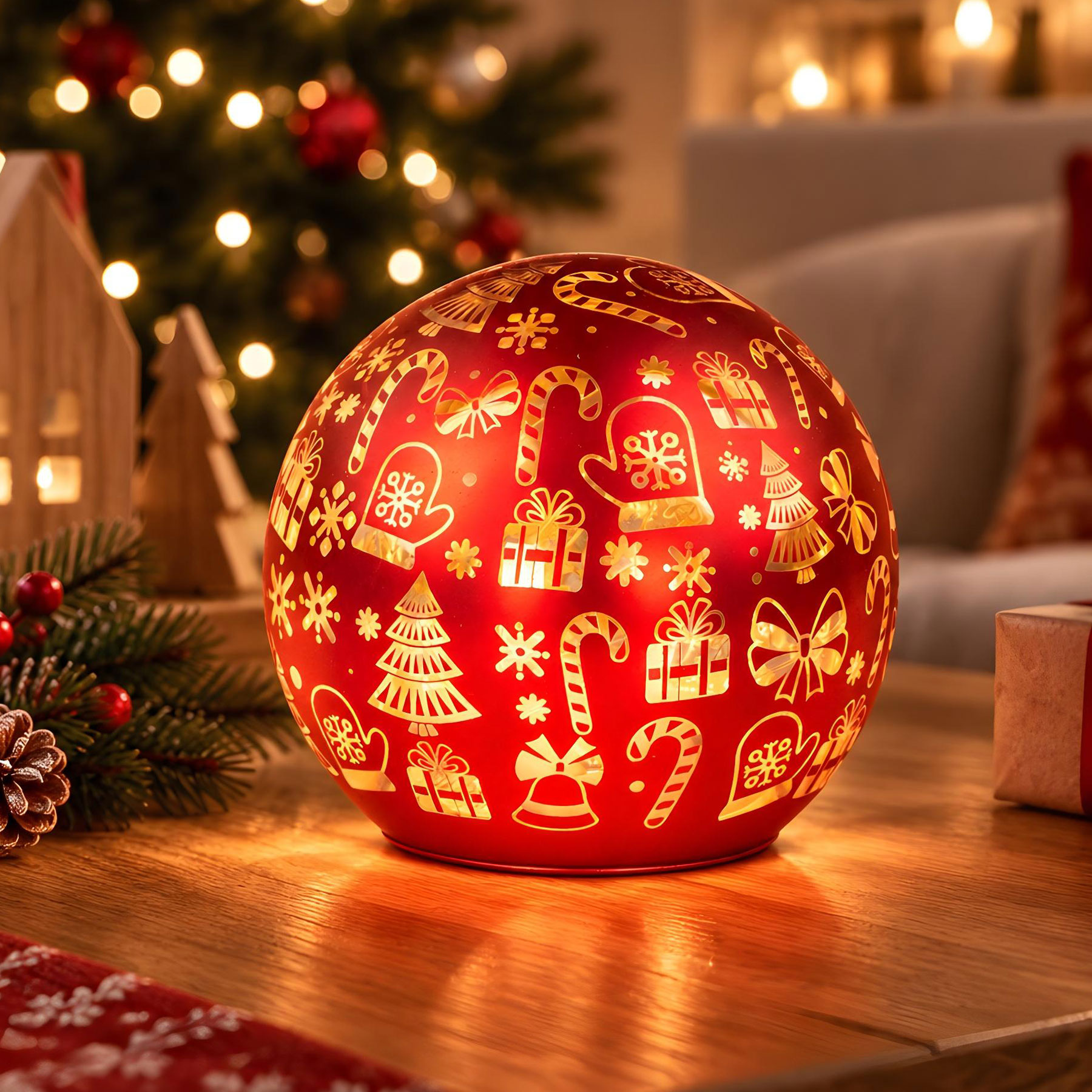 LED Tischleuchte Deko Kugel 12cm Rot Gold Weihnachten Weihnachtskugel Timer