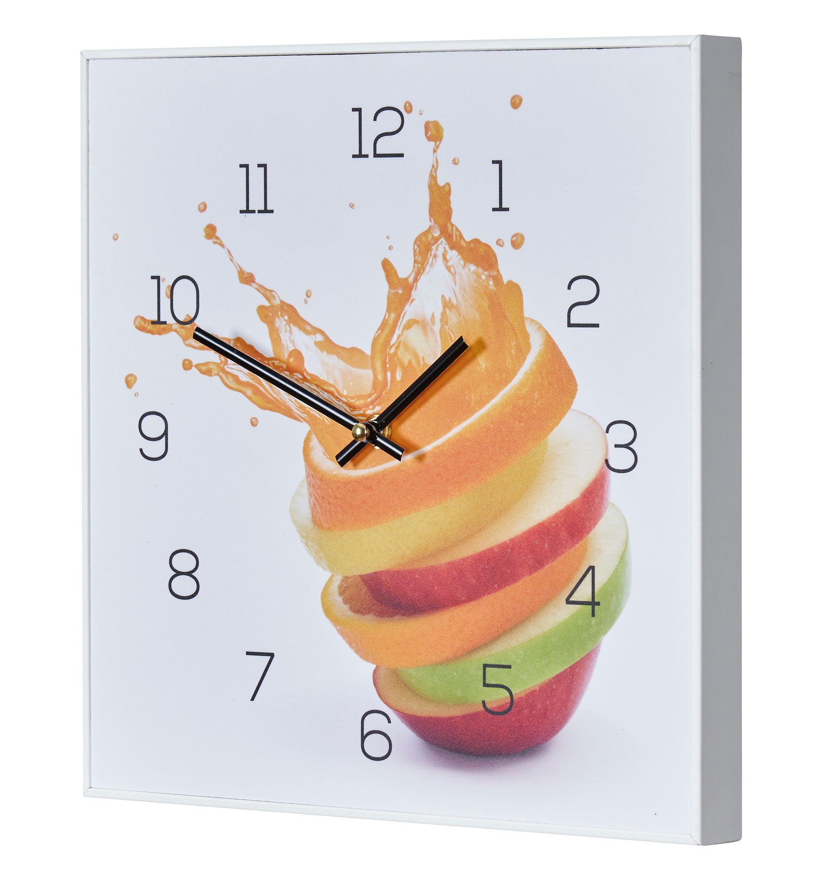 Wanduhr 30x30cm Uhr PVC Rahmen Weiß Orange Apfel Wasser Frucht Küche Wanddeko