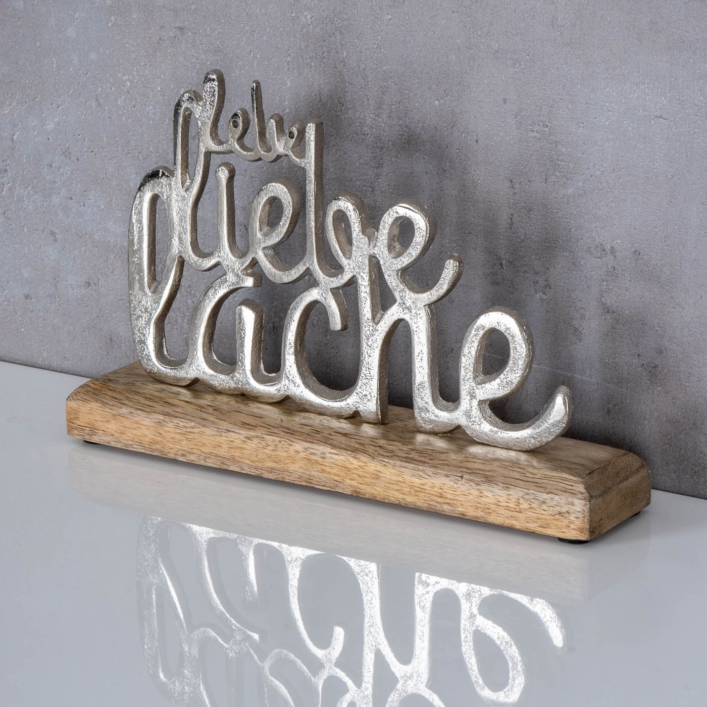 Schriftzug Lebe Lache Liebe Metall Silber Mango Holz Aufsteller Tischdeko Deko