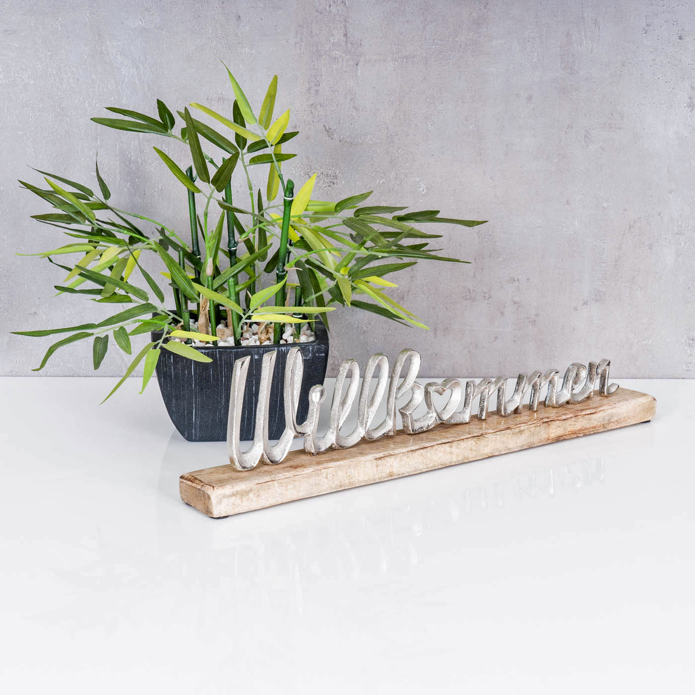 Schriftzug Willkommen L45cm Metall Silber Mango Holz Tischdeko Deko Aufsteller