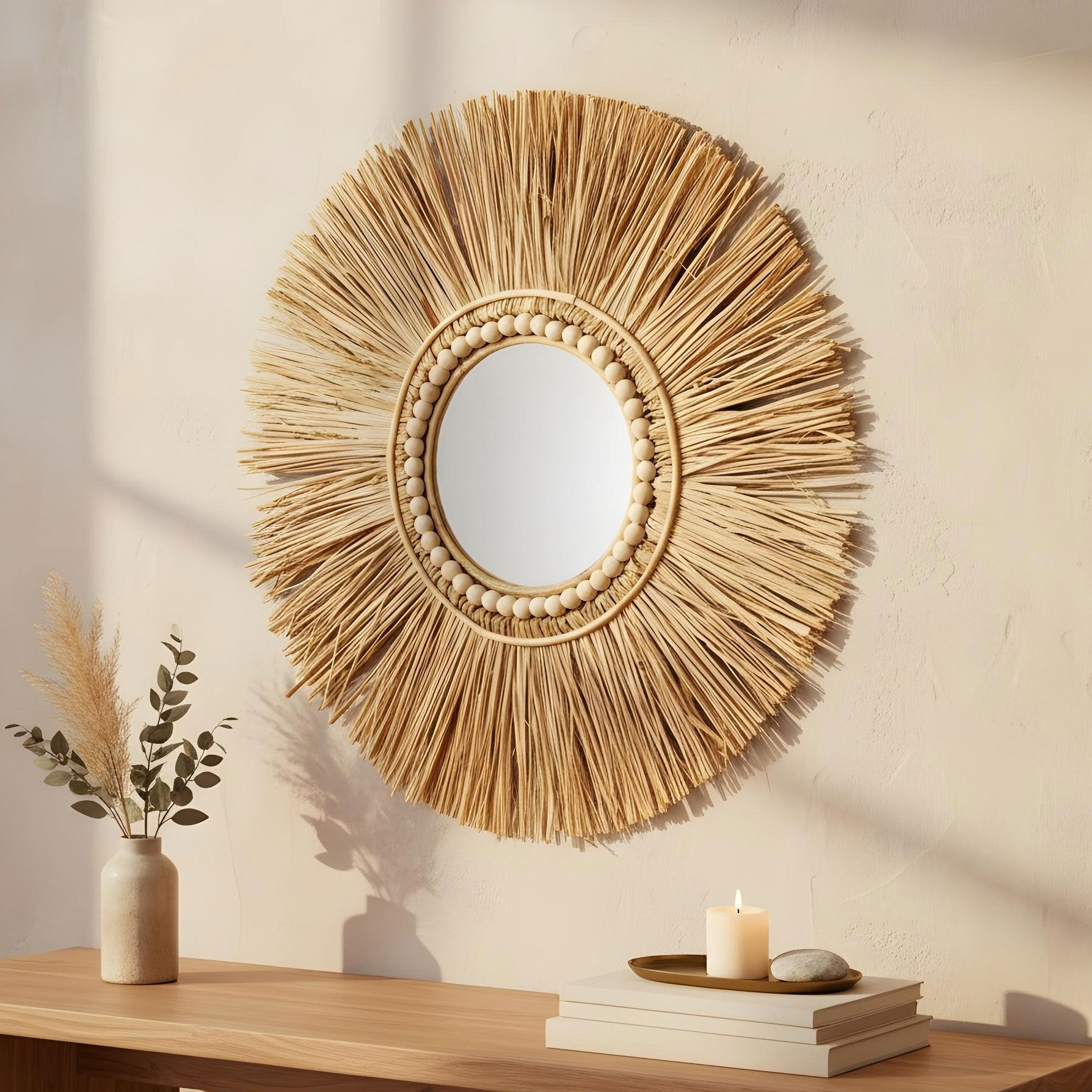 Spiegel Seegras Ø 55cm Wandspiegel Rund Flurspiegel Wanddeko Boho Deko Natur