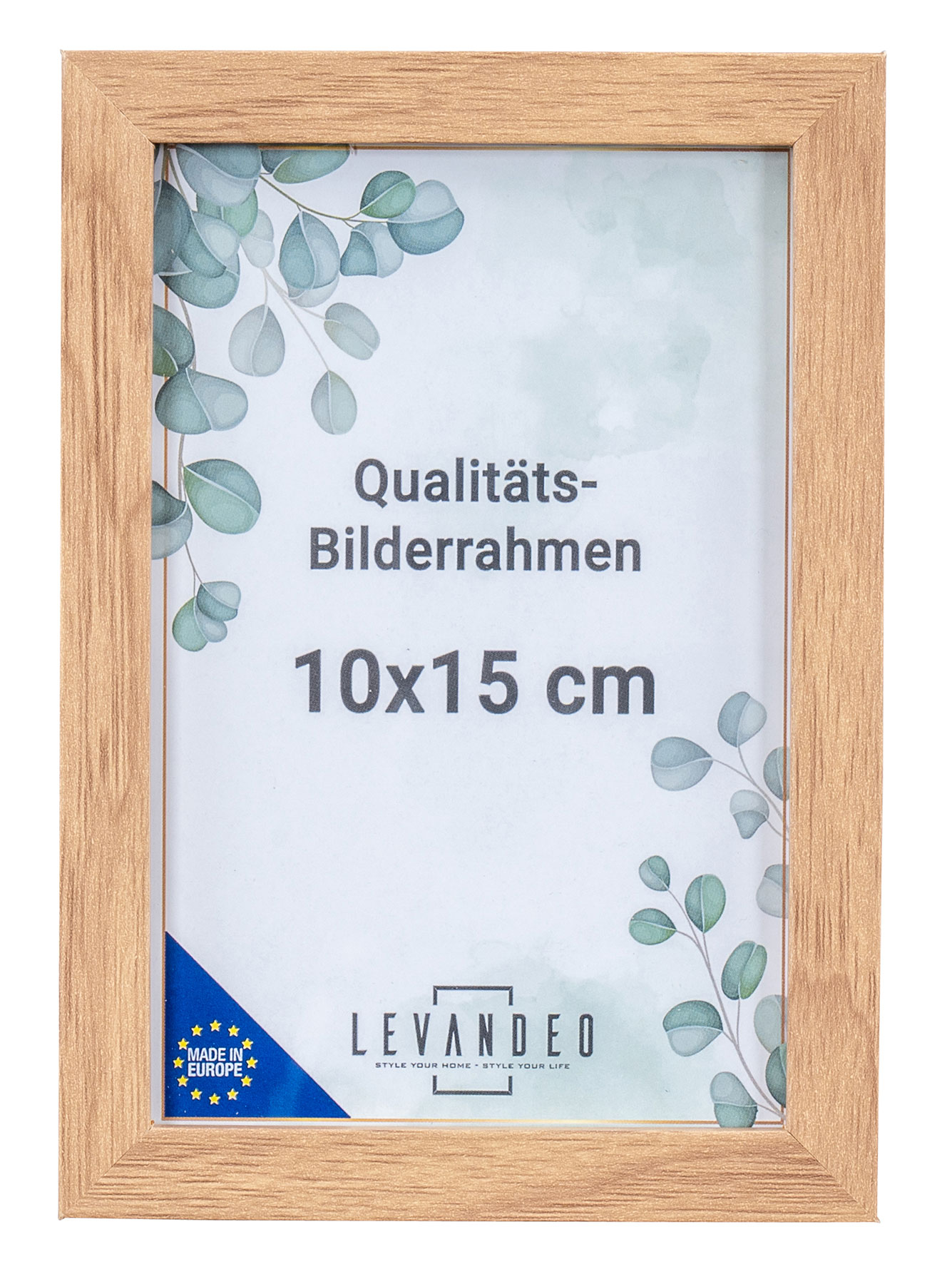 Portrait Bilderrahmen Made in EU 10x15 Eiche Optik Natur Glasscheibe Fotorahmen