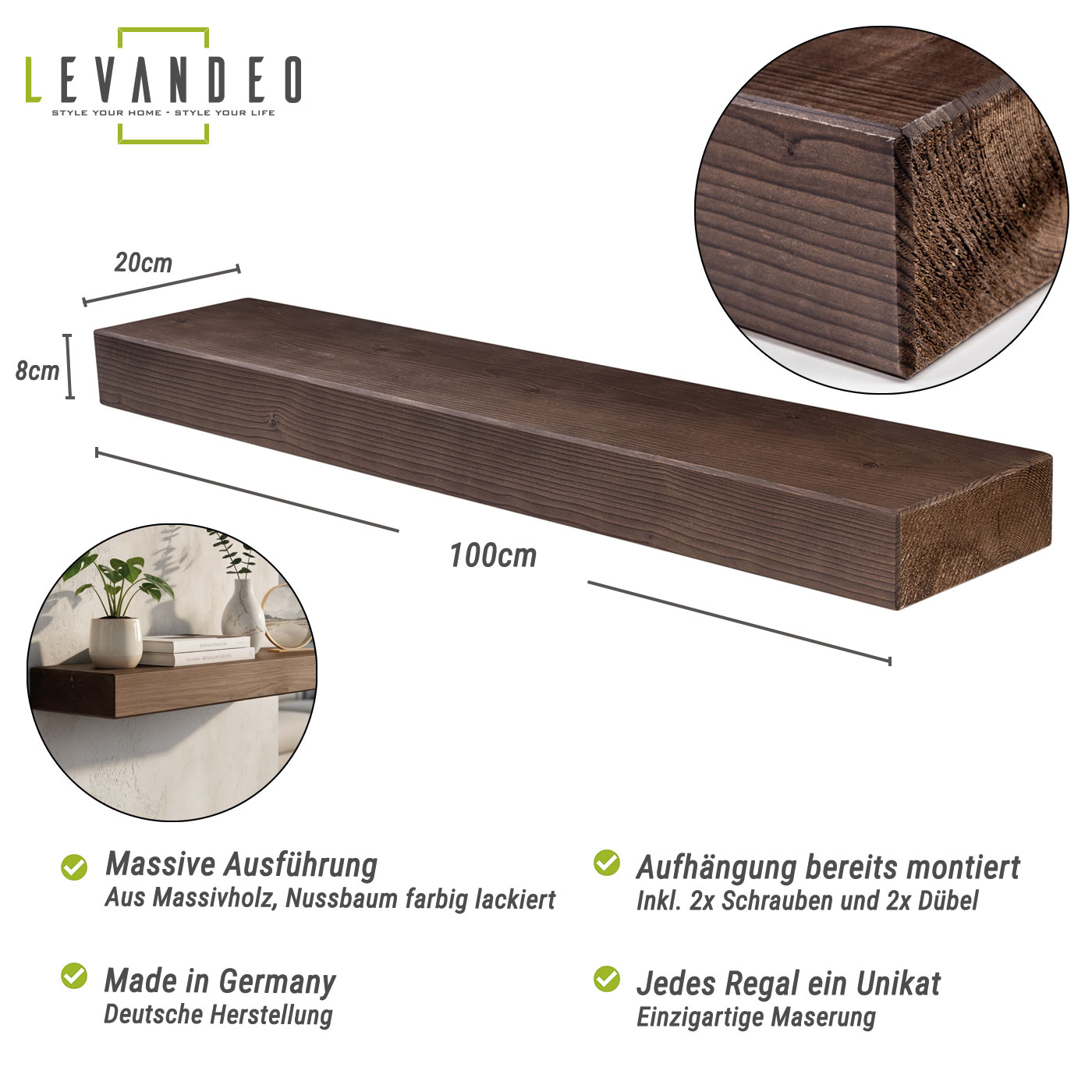 levandeo Wandregal Holz Massiv 100x20cm Nussbaum Farbig Wandboard Regal Vintage