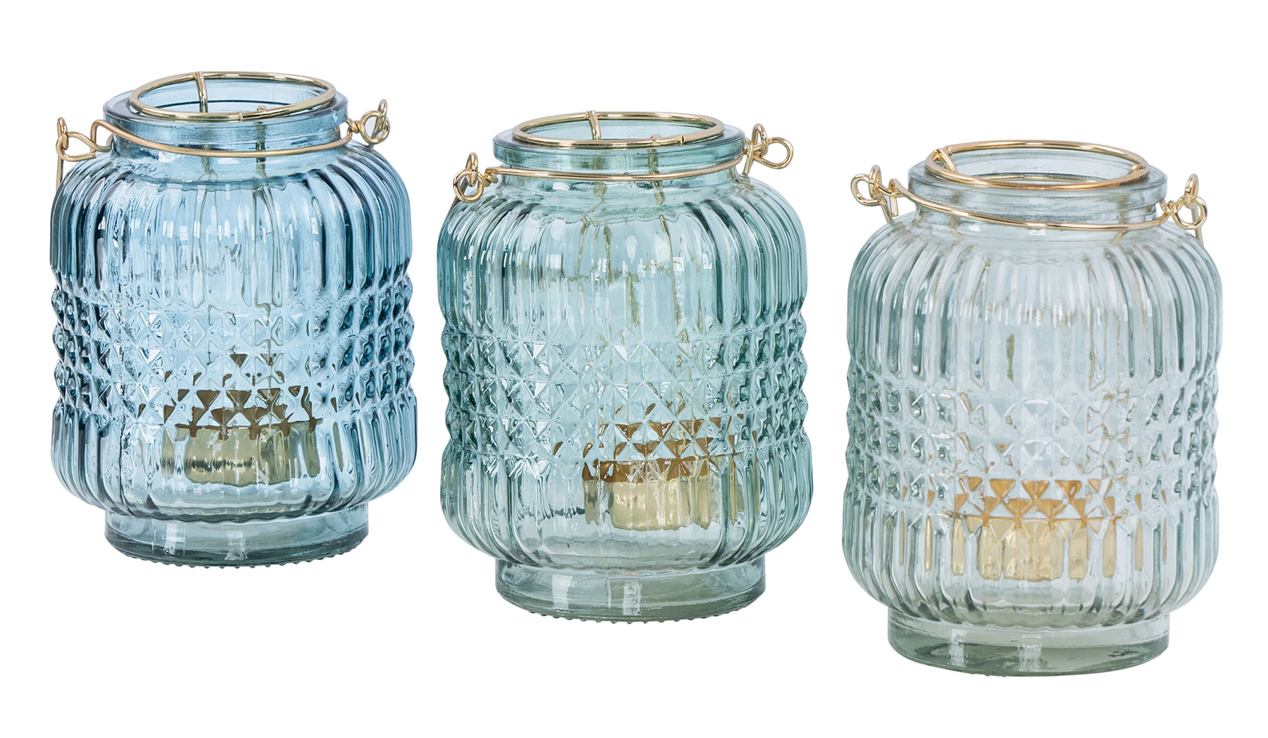 3er Set Glas Windlicht Türkis Gold H13cm Teelichthalter Kerzenhalter Tischdeko