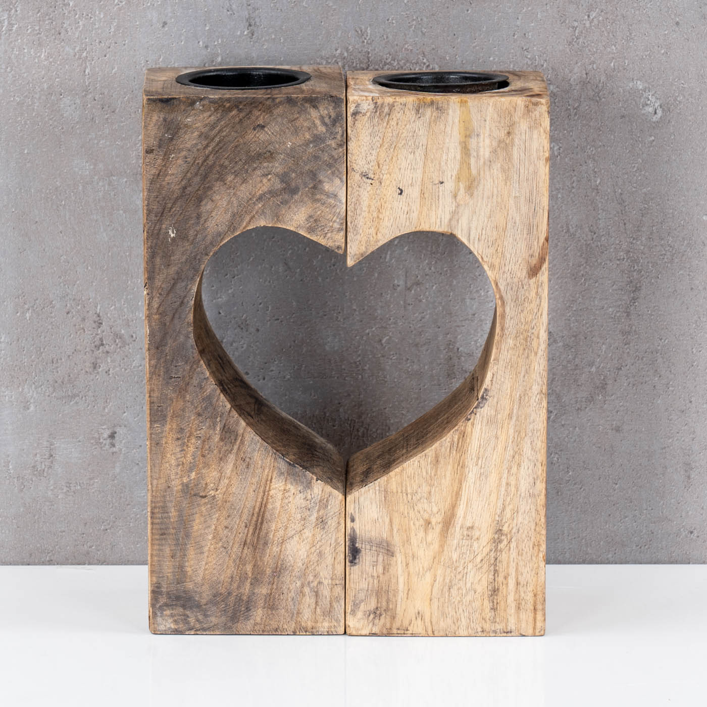 Teelichthalter Herz H20cm Mango-Holz Natur Braun Kerzenhalter Geteilt Tischdeko
