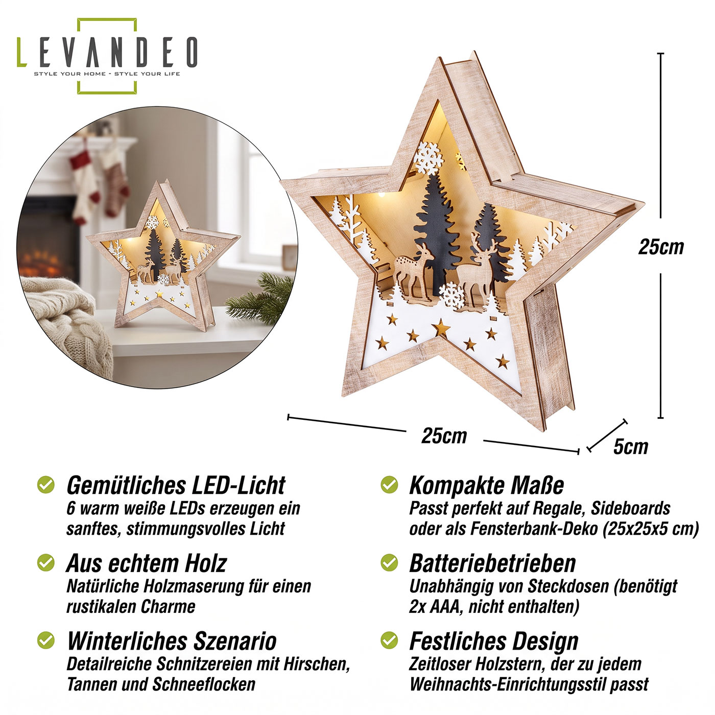 LED Stern Holz 25x25cm Deko Leuchte Weihnachten Tischdeko Weihnachtsstern Lampe