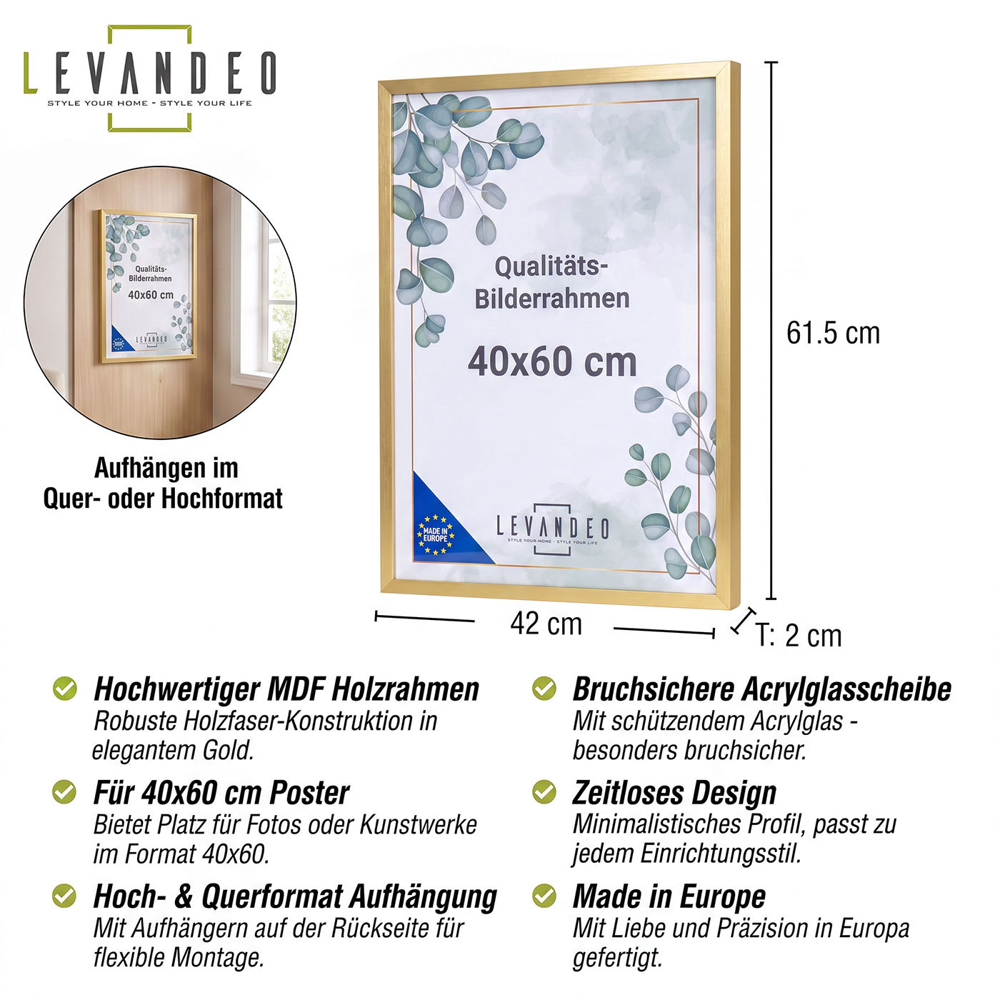 Fotorahmen 40x60 Gold MDF Holz Bilderrahmen Posterrahmen Poster Kunstdrucke