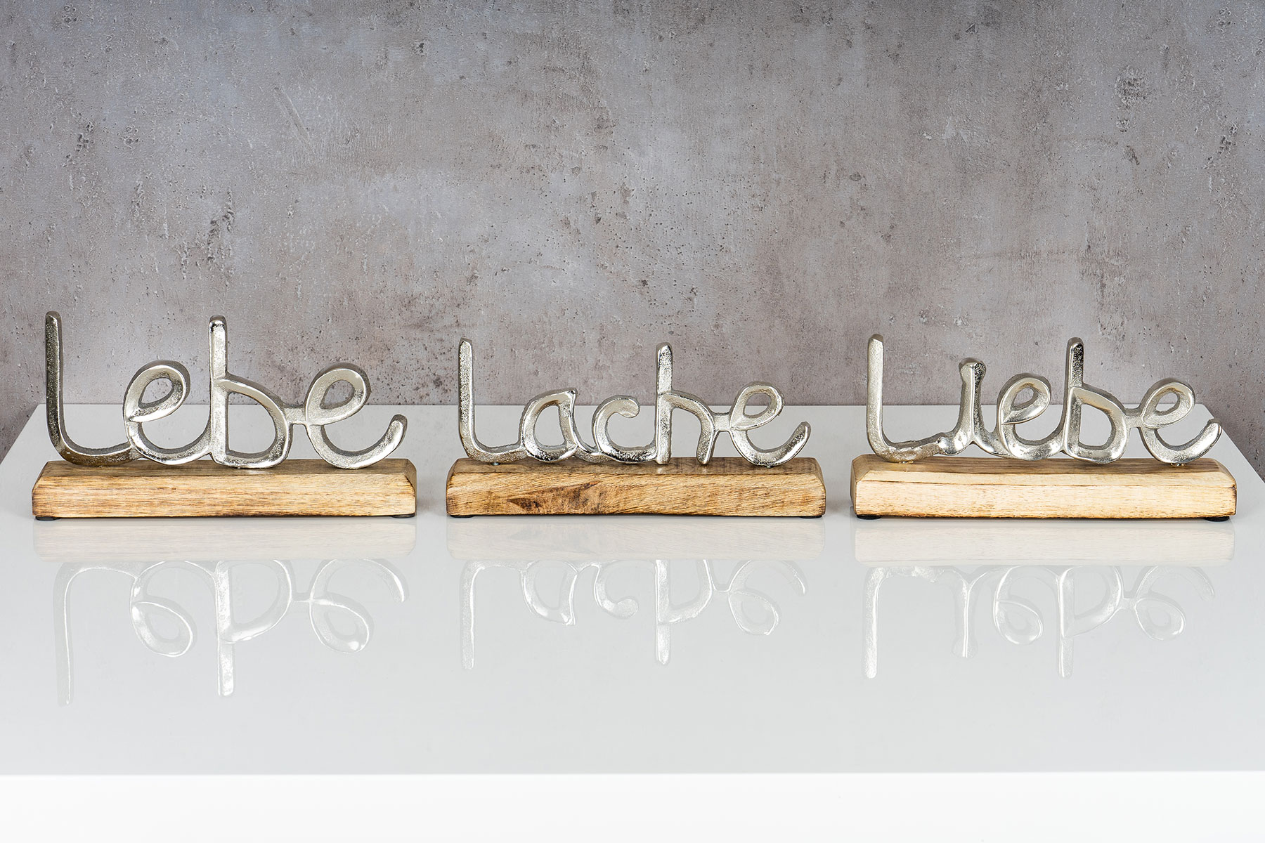 3er Set Schriftzug Lebe Lache Liebe L23cm Metall Silber Mango Holz Deko