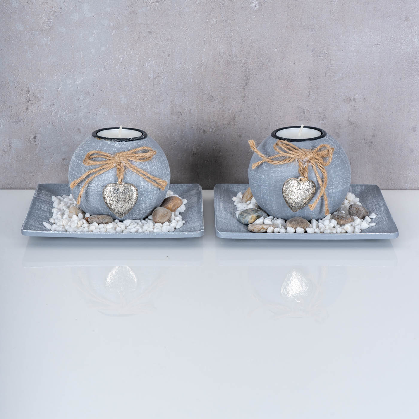 2er Set Teelichthalter Grau Weiß Deko-Teller Holz Tischdeko Kerzenhalter Kerzen