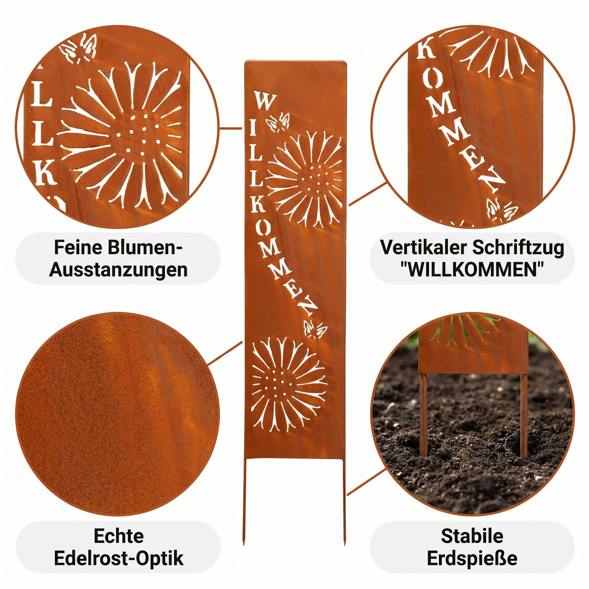Gartenstele Willkommen Metall Edelrost 20x100cm Blumen Schmetterling Rost Deko
