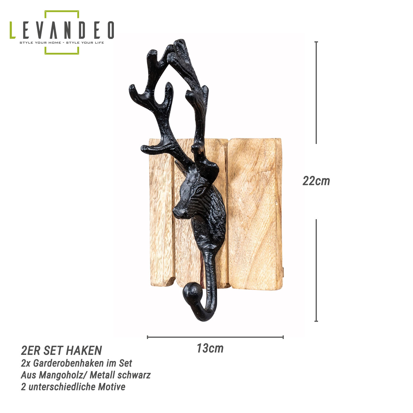 2er Set Kleiderhaken Hirsch Natur Schwarz Garderobe Deko Wandhaken Wandgarderobe