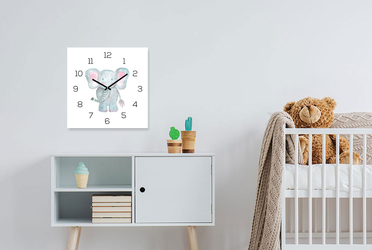 Wanduhr Zootiere 30x30cm Elefant Glas Kinder Uhr Glasbild Tiermotiv Wanddeko