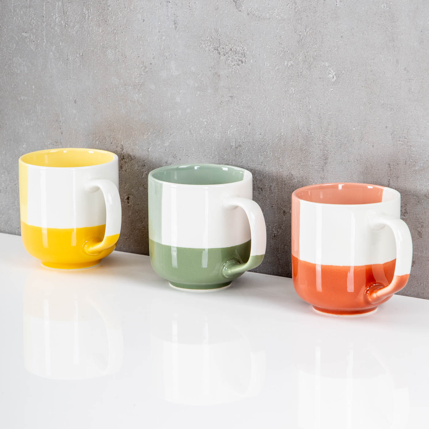 3er Set Bunte Tassen 330ml Porzellan Gelb Grün Rot Kaffeetasse Becher Modern Design