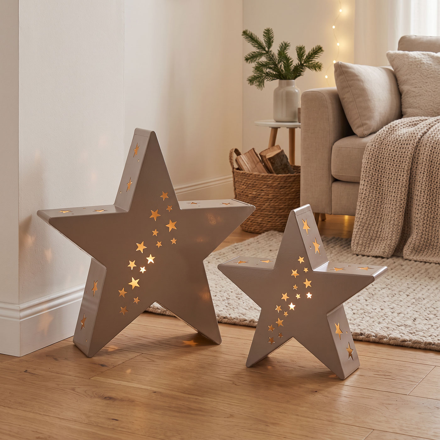 2er Set Kerzenhalter 30-45cm Laterne Stern Metall Beige Weihnachtsdeko Aufsteller
