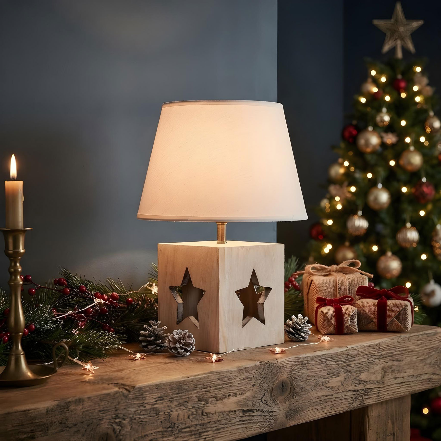 Tischlampe H41cm Stern Weihnachten Deko Leuchte Tischdeko Holzlampe Licht