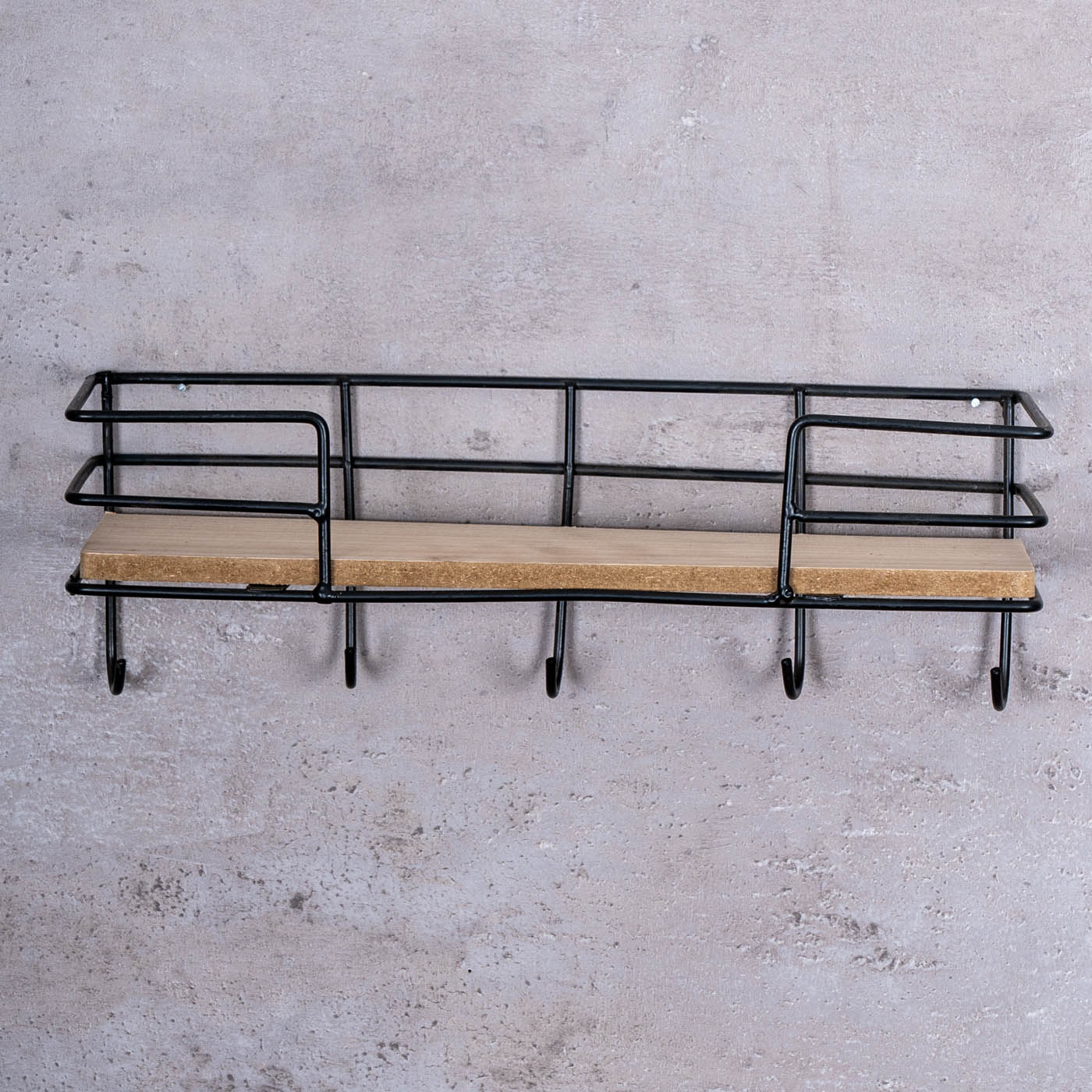 Wandregal 30x10cm Ablage Metall Holz Natur Schwarz 5 Haken Metallregal Regal