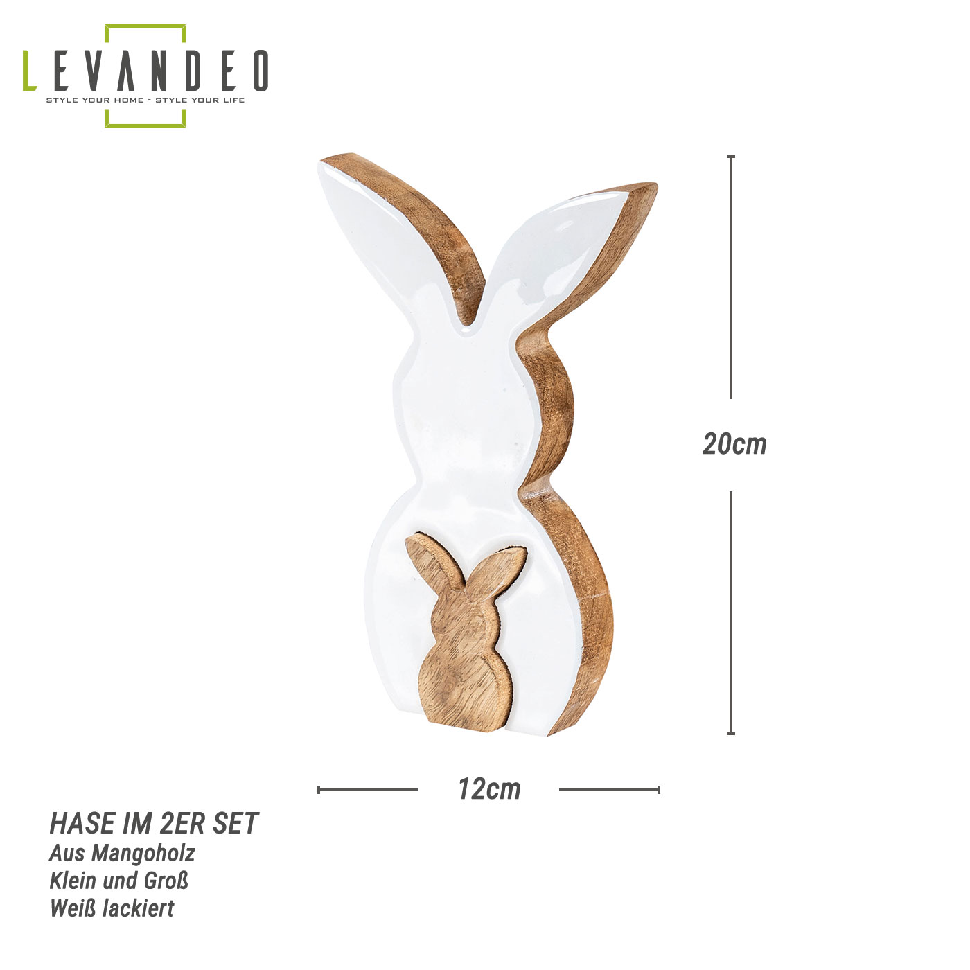 Deko Hase 2er Set H20cm Mango Holz Natur Weiß Tischdeko Frühling Ostern Deko