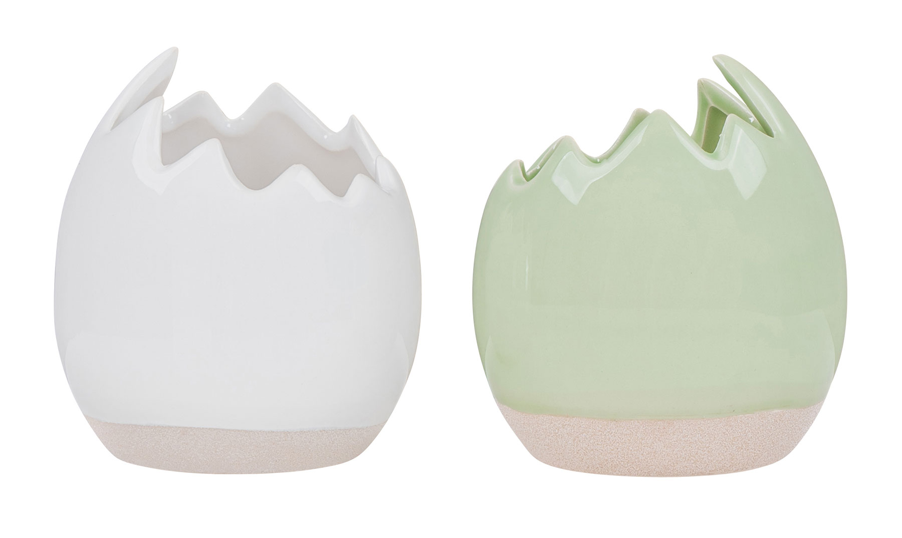 2er Set Eierschale Deko Blumentopf H11cm Keramik Weiß Grün Sandfinish Osterdeko