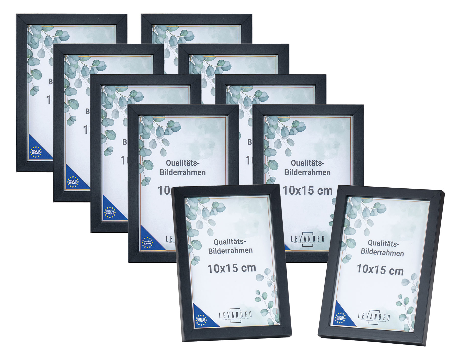 10er Set Bilderrahmen Echtholz Made in EU 10x15 Schwarz Glasscheibe Fotorahmen